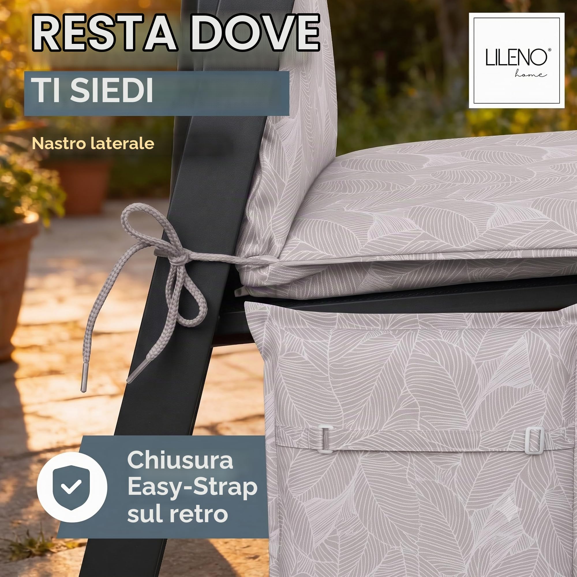 LILENO HOME Set di 2 cuscini per sedia da giardino con schienale alto, in foglie grigie, comodi cuscini per sedie da giardino e sedie pieghevoli
