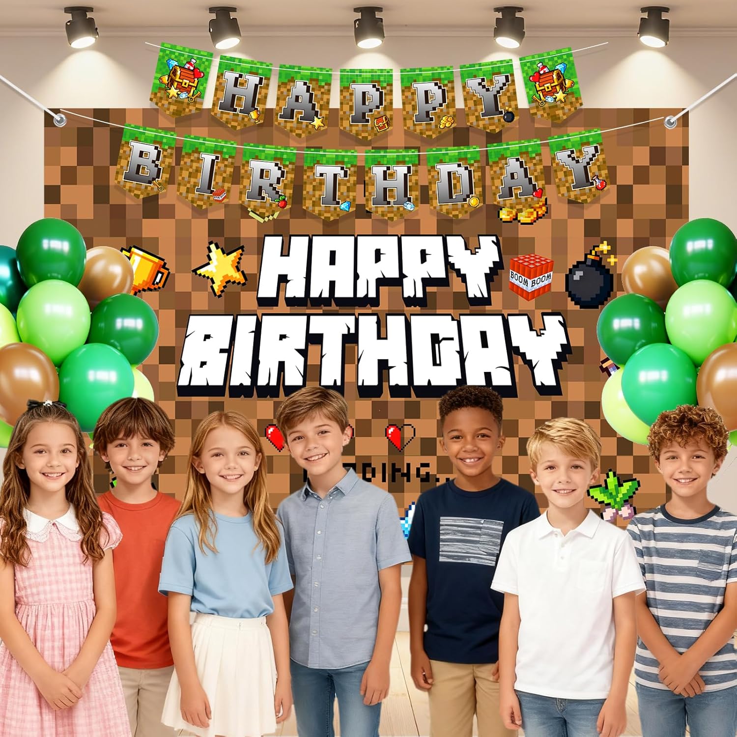 Pixel Game Birthday Party Decoration Supplies with Happy Birthday Banner, Backdrop, Latex Balloons,Cake & Cupcake Toppers for Miner Pixel Gamer birthday Decor - Image 7