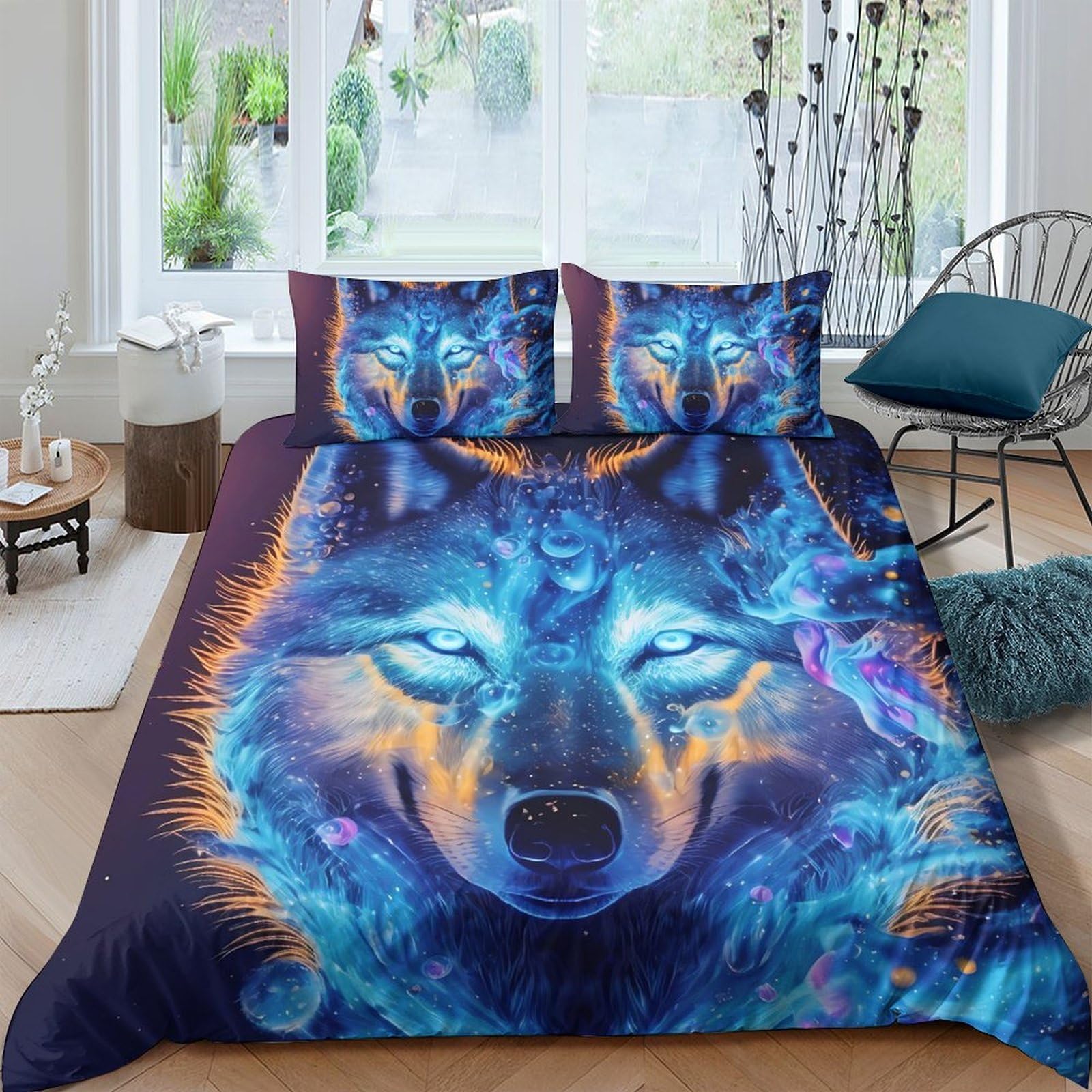 Ctjqhvkz Style-6 3D Printed Neon Wolf Fitted Sheet Microfiber Soft Breathable Blue Fire Mattress Cover For Bedroom Dorm Decor Single（135X200cm）