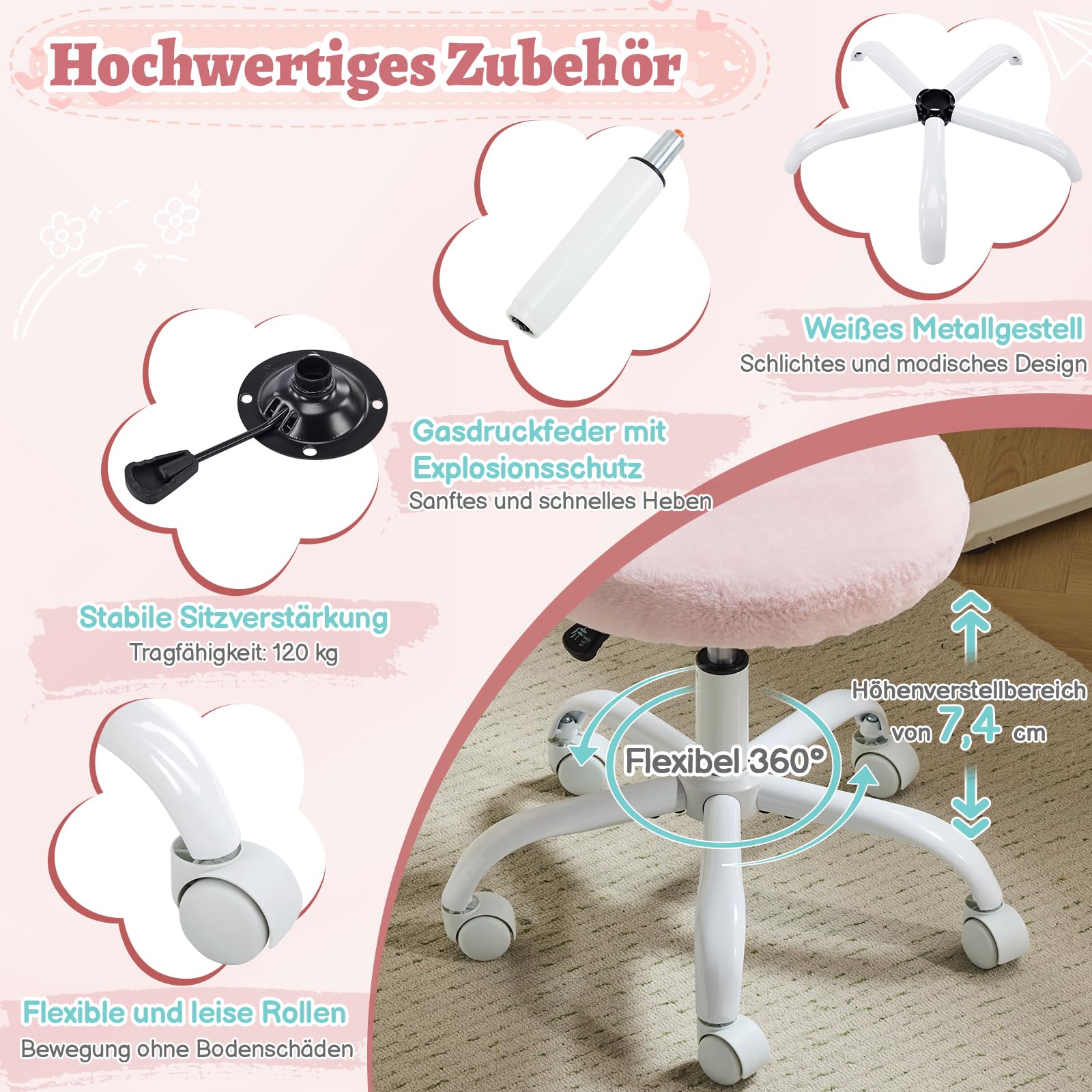 Bonnlo Homeoffice Stuhl, Schreibtischstuhl, Schminktisch Stuhl, Bürostuhl ohne Armlehnen, Drehstuhl mit Rollen, Höhenverstellbar, Homeoffice, Make up (Kunstkaninchenfell, Rosa)