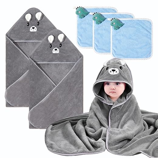 FOINEMYED 5 Pcs Baby Hooded Bath Towels and Washcloths Set 31 x 31 Inch Grey Toddler Hooded bath towel Absorbent Hooded Baby Towels Shower Gifts for Newborn Toddler Essentials (Gray Elephant 2-Pack)