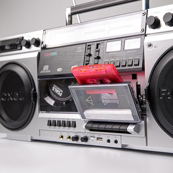 Roxel Camden Retro Cassette CD Player Boombox with DAB/FM Radio, Portable Vintage Player, BT 5.3, USB/TF/SD Playback, Mains Power, Headphone Jack, Vintage Design (Silver)