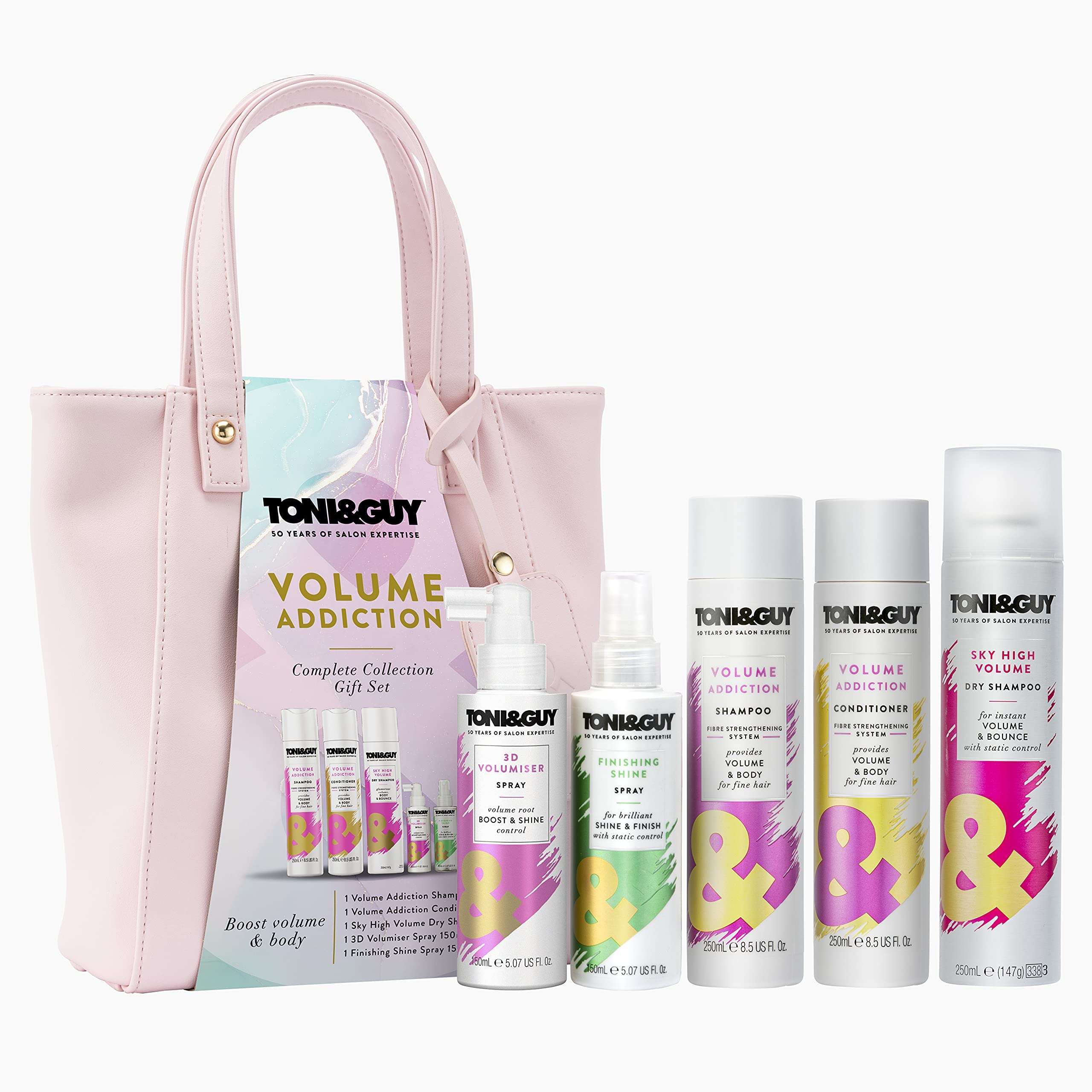 Toni&Guy Volume Addiction Gift Set with Shampoo, Conditioner, Dry Shampoo, 3D Volumiser Spray, Finishing Spray in a Pink Handbag