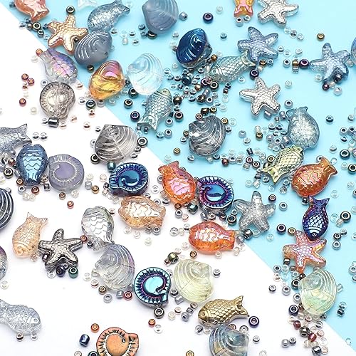 Vista 2 de 650 cuentas de cristal de estrella de mar, concha, caracoles, peces para hacer joyas, cuentas de estrellas coloridas con temática oceánica