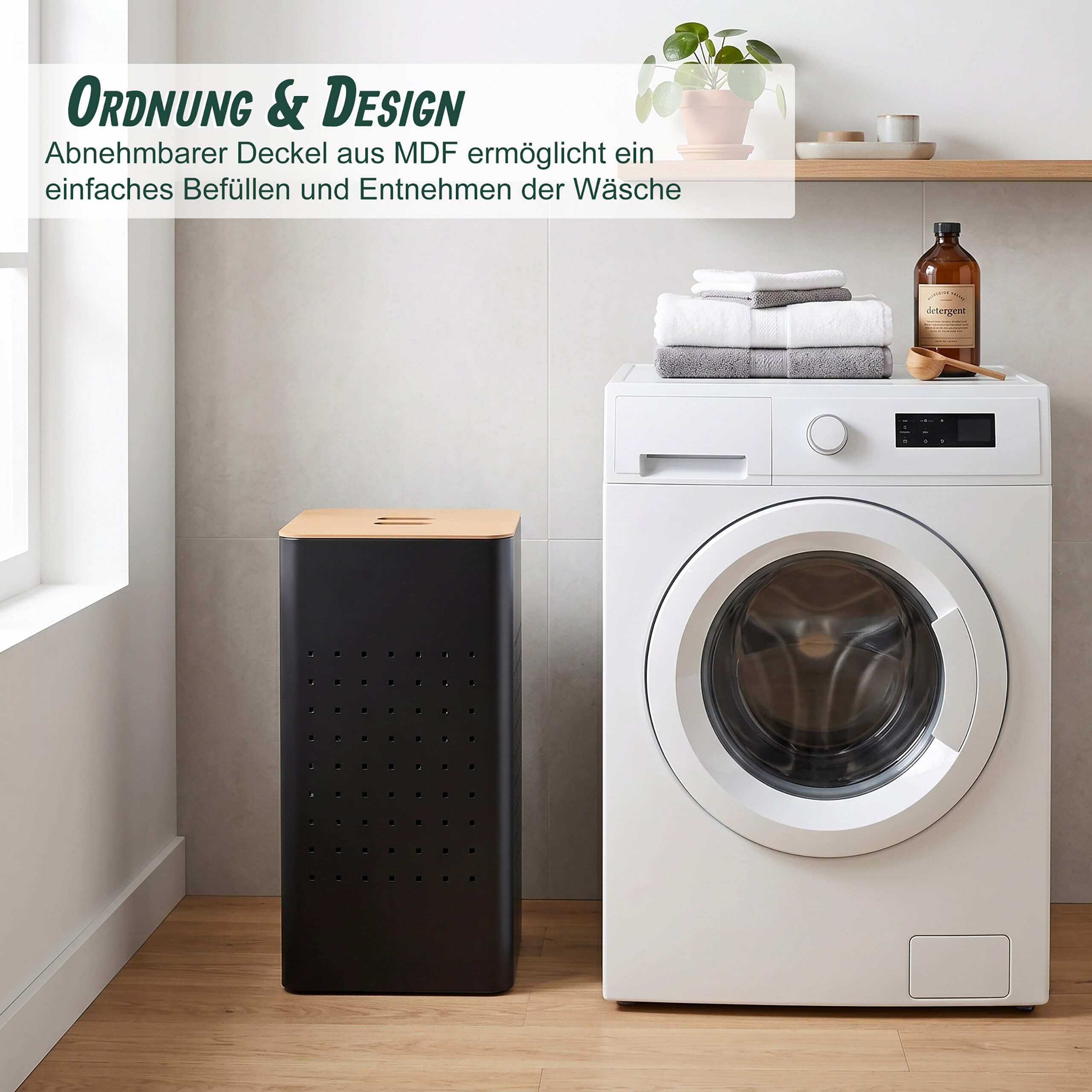 Relaxdays, Wäschekorb mit Deckel, Metall, 55 l, schwarz/natur