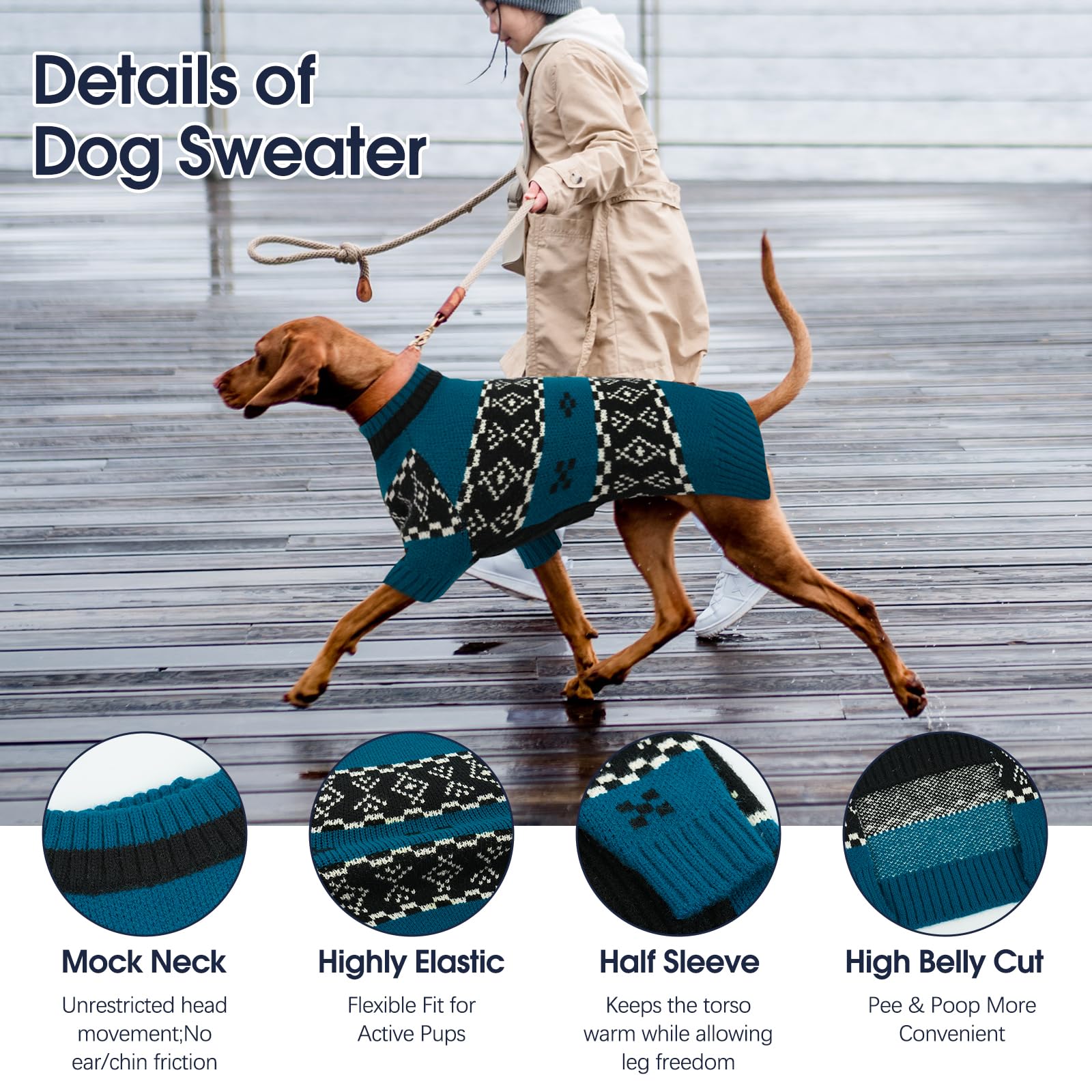 IECOii Grand pull pour chien mâle de taille XL - Pull en tricot pour l'hiver - Motif Fair Isle pour les vacances - Vêtements tricotés extensibles à encolure mi-longue pour aventures en plein air