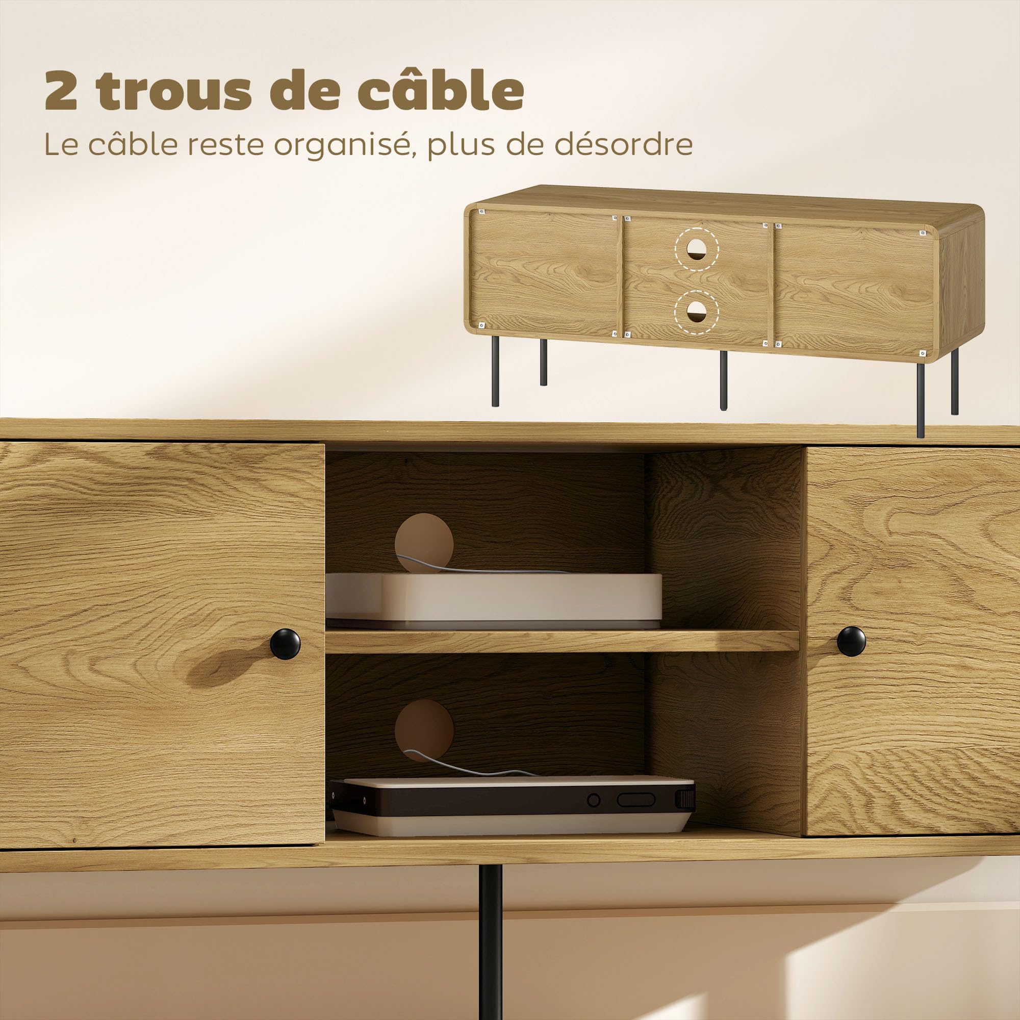 HOMCOM Meuble TV 120 cm avec Coins Arrondis, 55 Pouces, chêne | Passe-câbles, 2 Compartiments Ouverts, Pieds en Acier, Banc TV Moderne, Salon, Chambre à Coucher