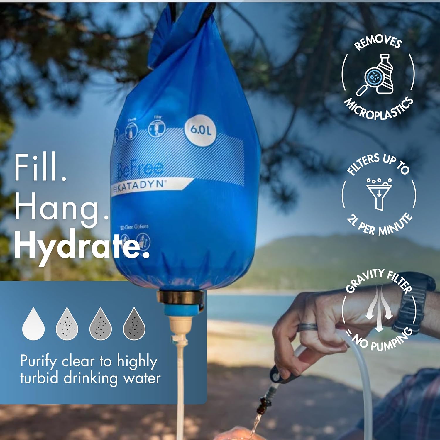 Katadyn Gravity BeFree 6L Water Microfilter, Camping, Backpacking, Emergency Preparedness, Blue