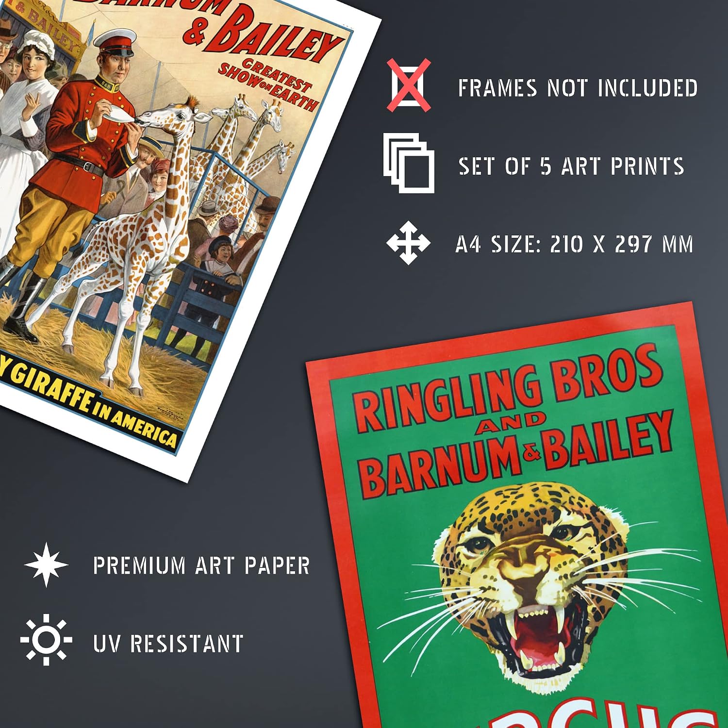 Artery8 Barnum & Bailey Greatest Show On Earth Set Of 5 Unframed Wall Art Prints Bathroom Bedroom Aesthetic Vintage Circus Advertising A4