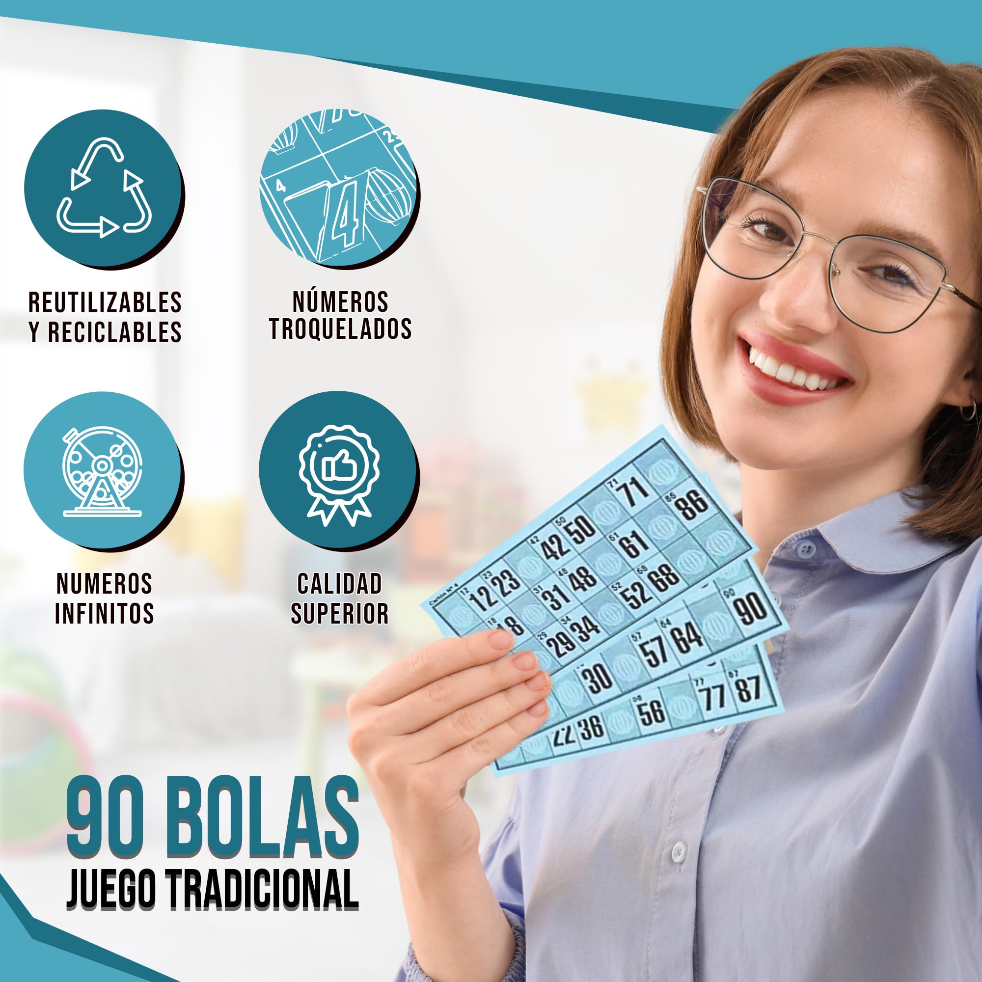Genérico 318 Cartones Bingo Troquelados Reutilizables 90 Bolas – Cartones de Bingo, Serie Completa Numerada, Juego Tradicional para Eventos y Asociaciones, Pack Completo Listo para Jugar (Azul)