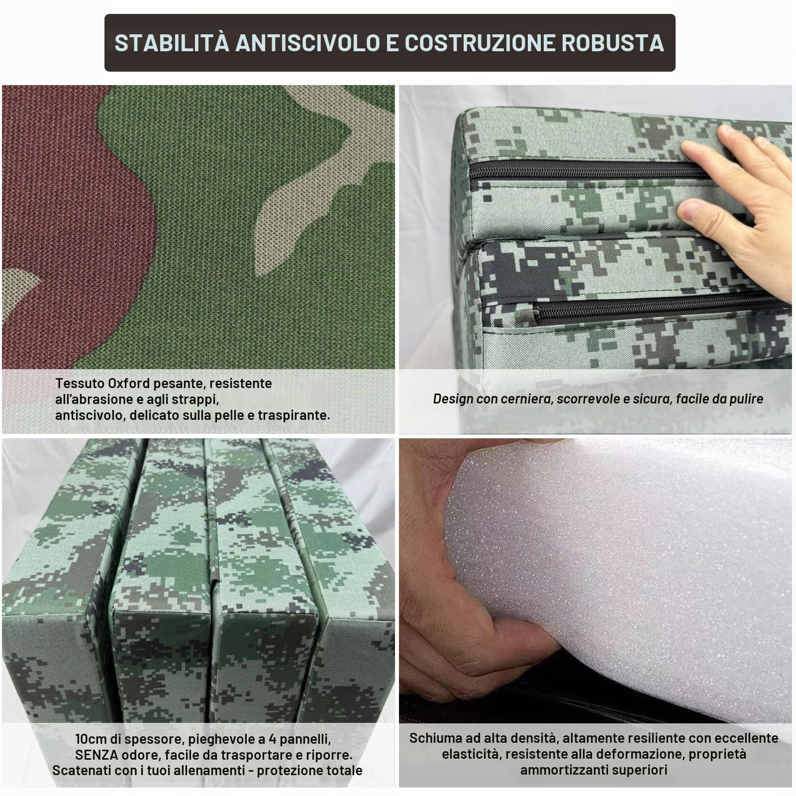 Tappetino da Sport 4-Fold 200x100x10cm, Tappetino Ginnastica Fitness Pieghevole, Antiscivolo Resistente, Schiuma Épaisse per Protezione Articolare, Casa e(Size:200*100*10cm/78*39*10in,Color:camuflage)
