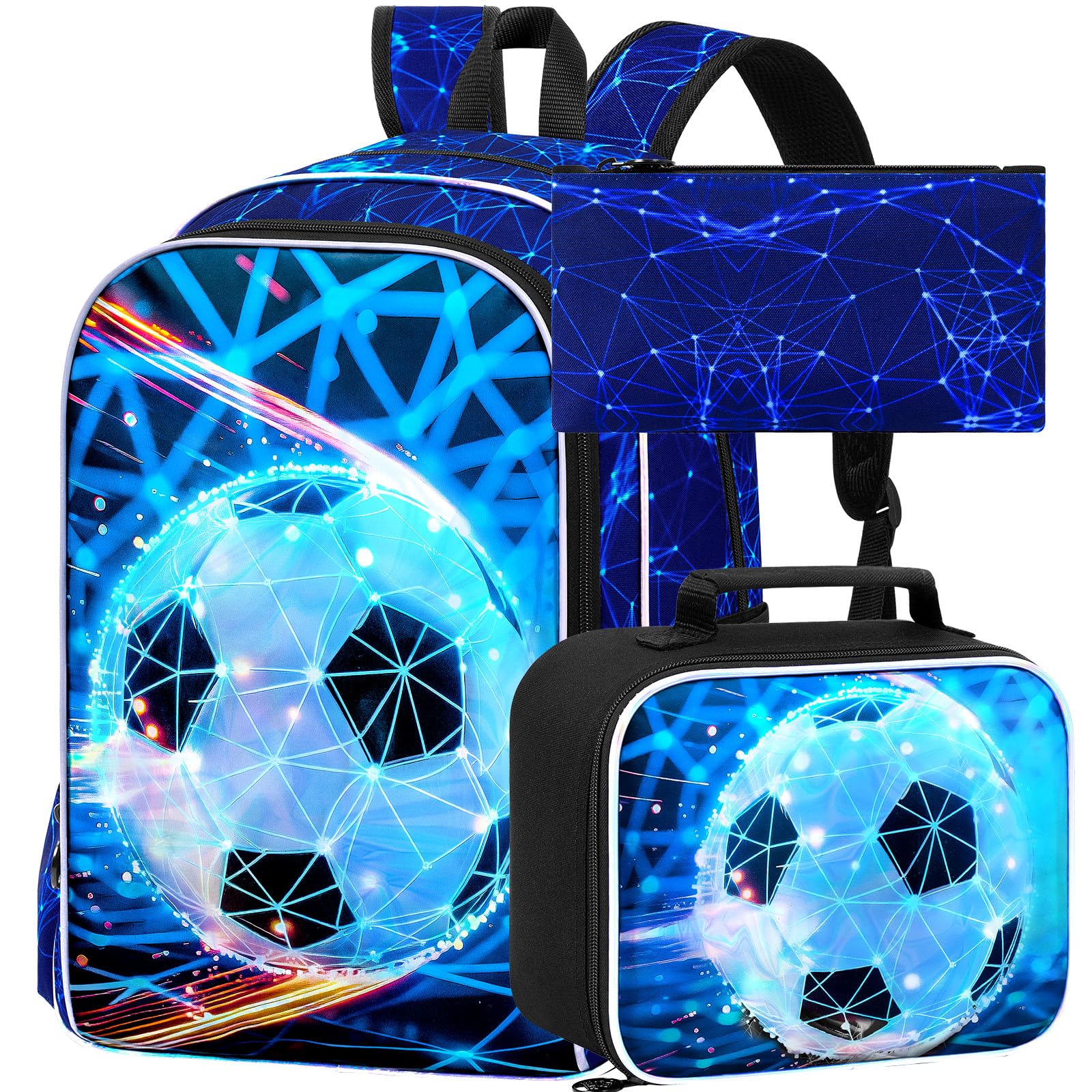 17" Soccer Backpack for Boys, 3Pcs Bookbag with Lunch Box, Kids School Backpacks Set for Elementary Preschool Kindergarten (Blue)