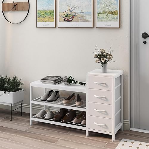 Miniatura 7 de EXOTICA Banco de almacenamiento de zapatos de 3 niveles blanco con 4 cajones y estante para zapatos, armario de almacenamiento para pasillo, puerta