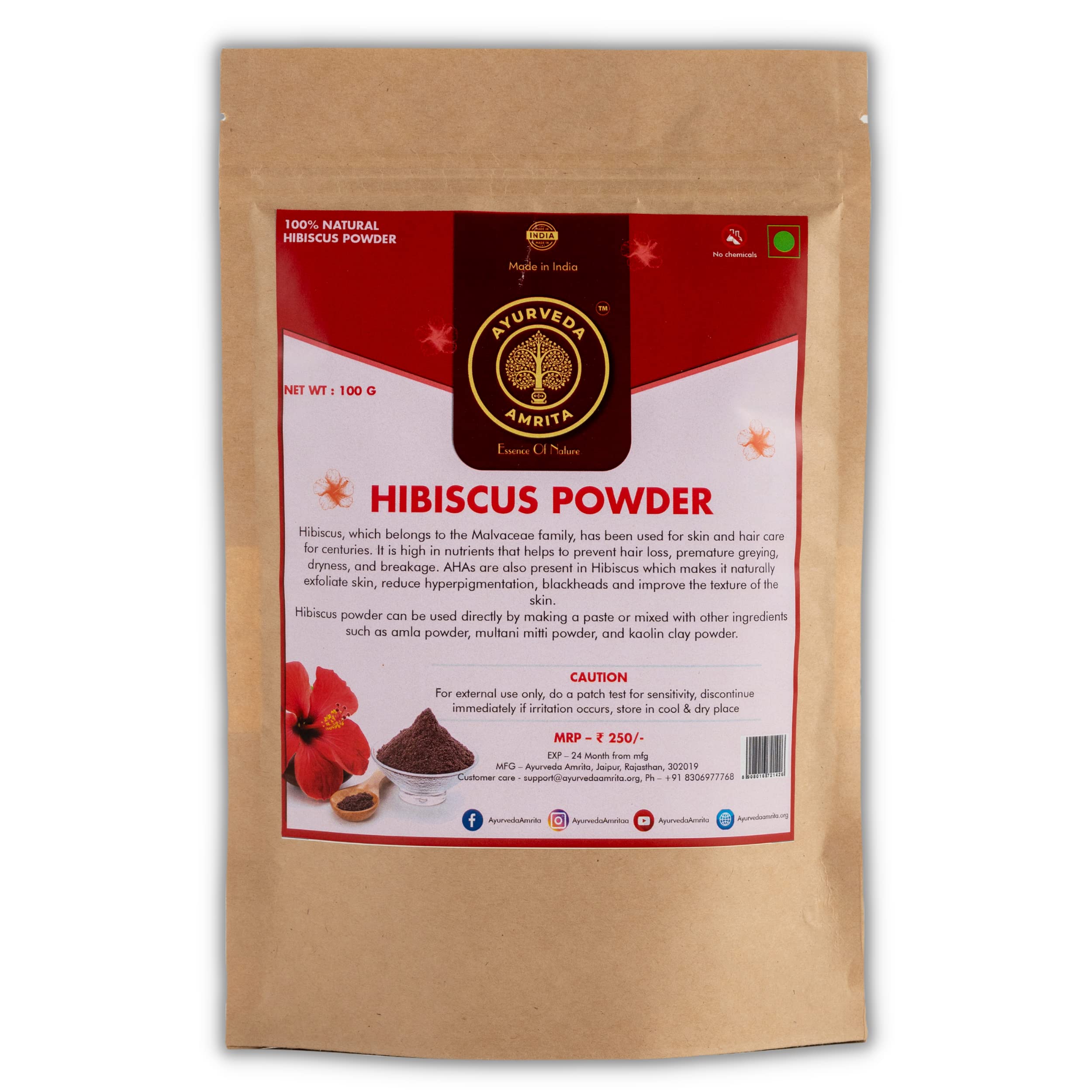 Ayurveda Amrita Pure, Natural & Organic Hibiscus Powder for Skin & Hair 100 Gram