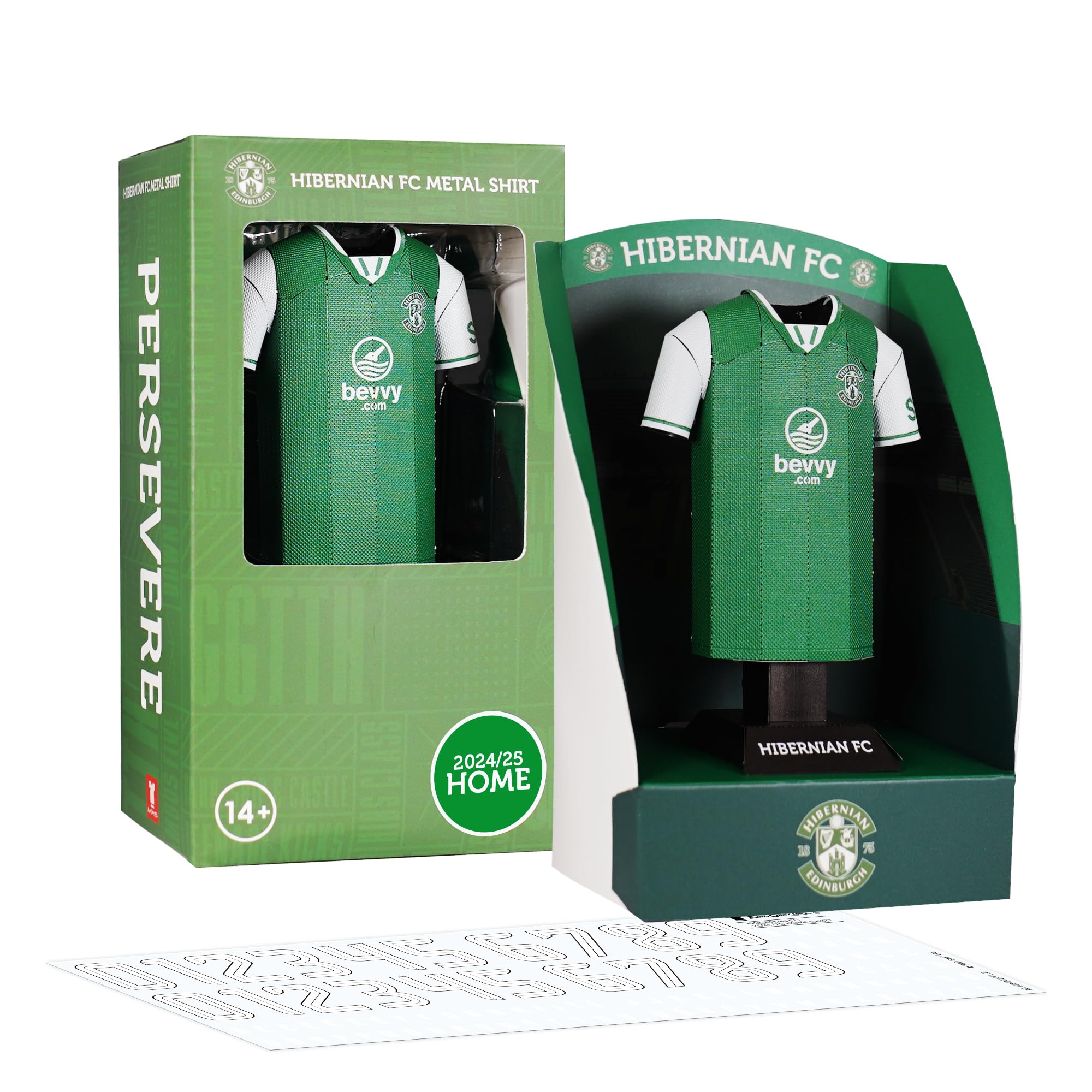 Hibernian FC 24/25 25/26 Home Away Third 15/16 Retro Metal Football Shirt - Officially Licensed Miniature Alloy Replica Jersey Collectible Display Gift - Personalise Name & Number Decals (24/25 Home)
