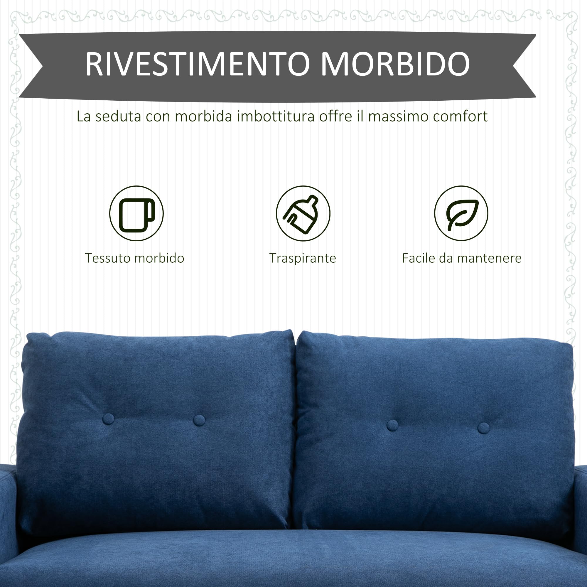 HOMCOM Divano 2 Posti Moderno in Stile Nordico con Schienale Trapuntato, in Poliestere e Legno, 145x76x88 cm, Blu
