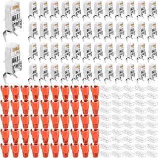 RJ45 Stecker Cat 7 50er Set, Netzwerkstecker CAT 7 Stecker RJ45 Kabel Netzwerkkabel mit Zugentlastung, Steckverbinder für CAT 7 Cat6A LAN Verlegekabel AWG23, Knickschutztülle Orange & Einführhilfe