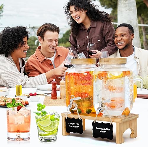Miniatura 6 de Dispensador de bebidas de 1 galón con soporte, paquete de 2 dispensadores de bebidas de vidrio con soporte de madera, espita de acero inoxidable y