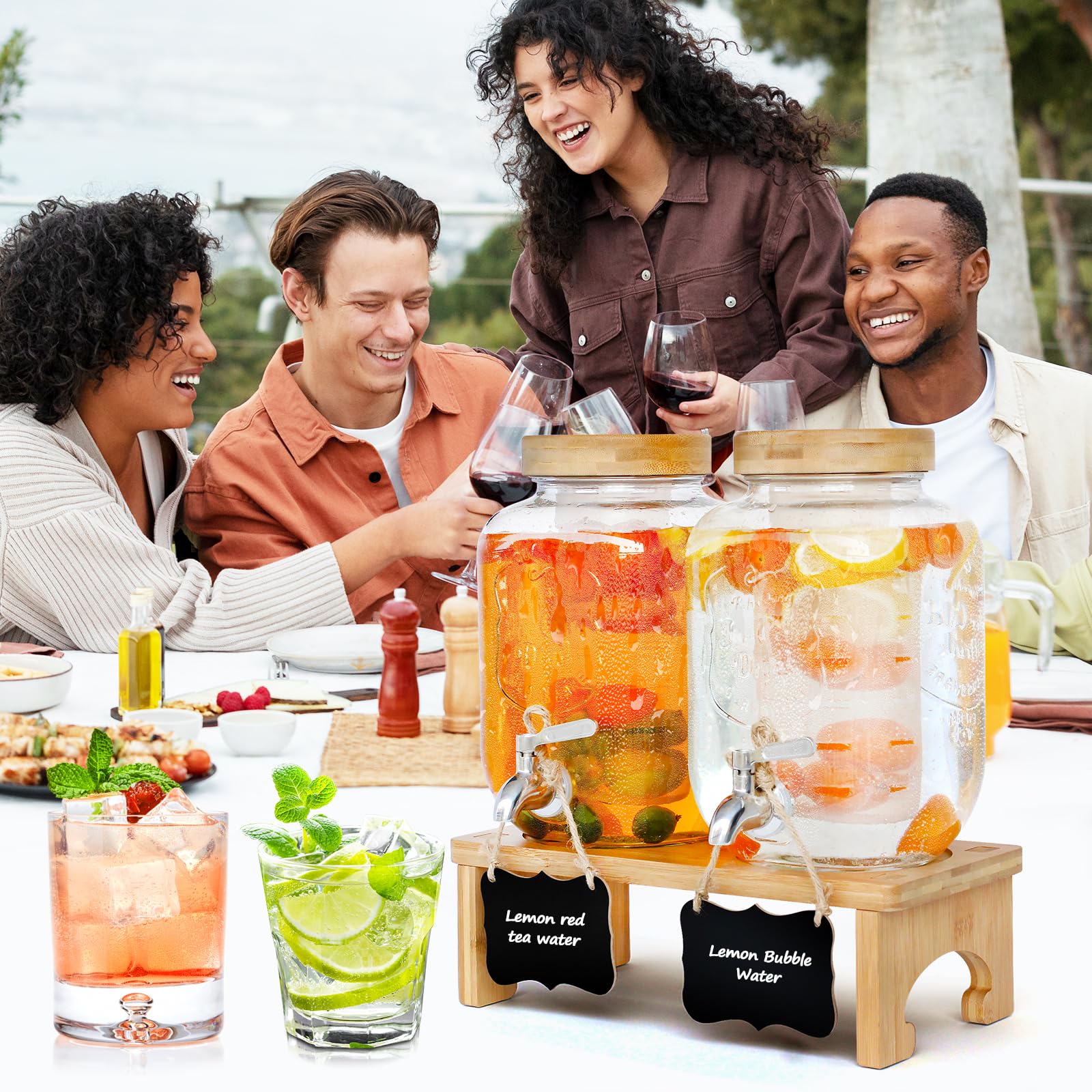 Lot de 2 distributeurs de boisson, 4 l, avec support, en verre avec robinet en acier inoxydable massif, pour jus glacé, eau, boissons maison, fêtes, mariages