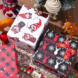 ZINTBIAL Christmas Wrapping Paper for Kids Adults - Xmas Wrapping Paper with Red/Black Plaid, Reindeer, Gnome, Ho Ho Words - 28 x 40 Inches, 6 Jumbo Sheets, Easy to Store