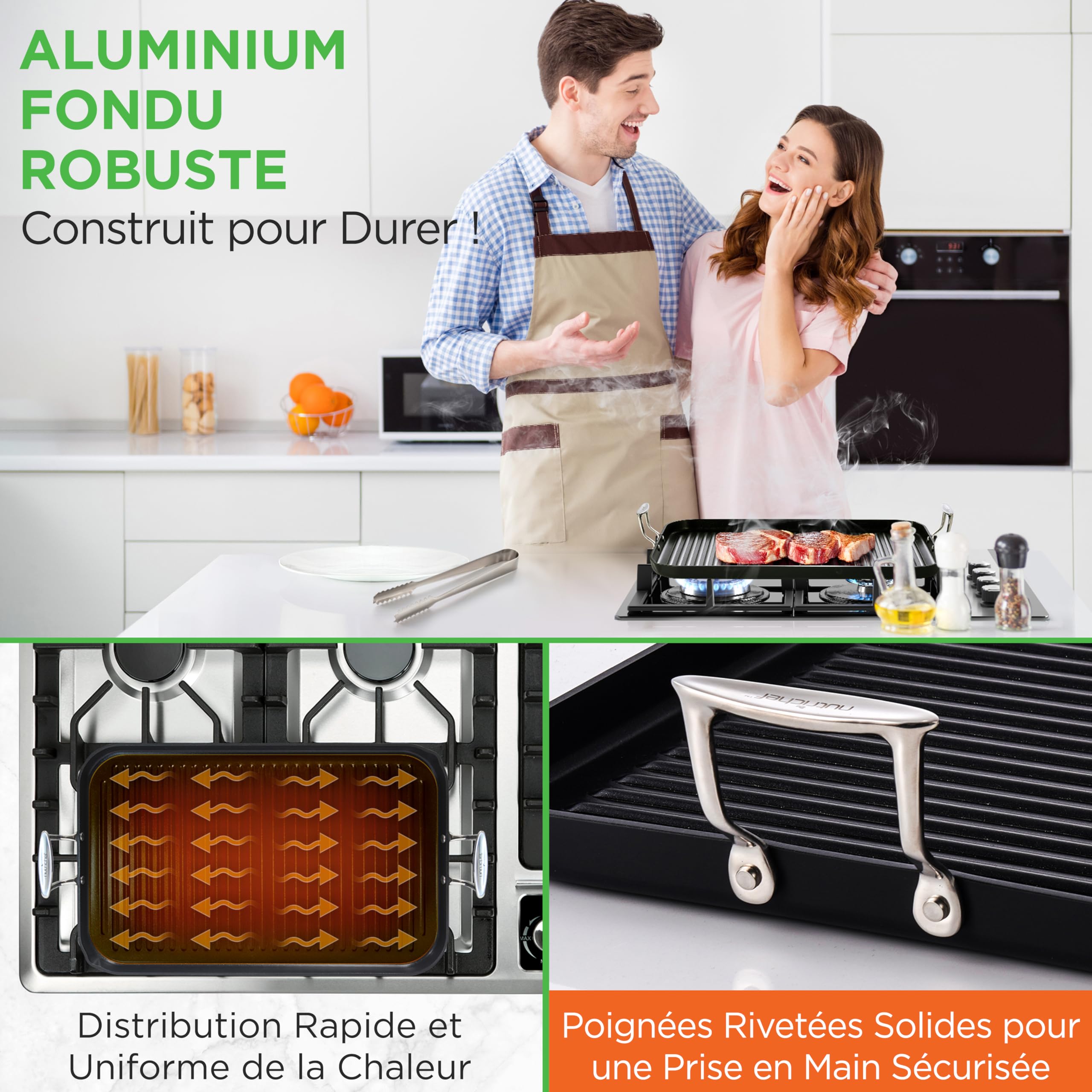 NutriChef Poêle Grill 50,8 cm x 33 cm pour Cuisinière-Double brûleur- Poêle en Fonte- Plaque Chauffante Antiadhésive en Fonte Anodisée Dure, Noir