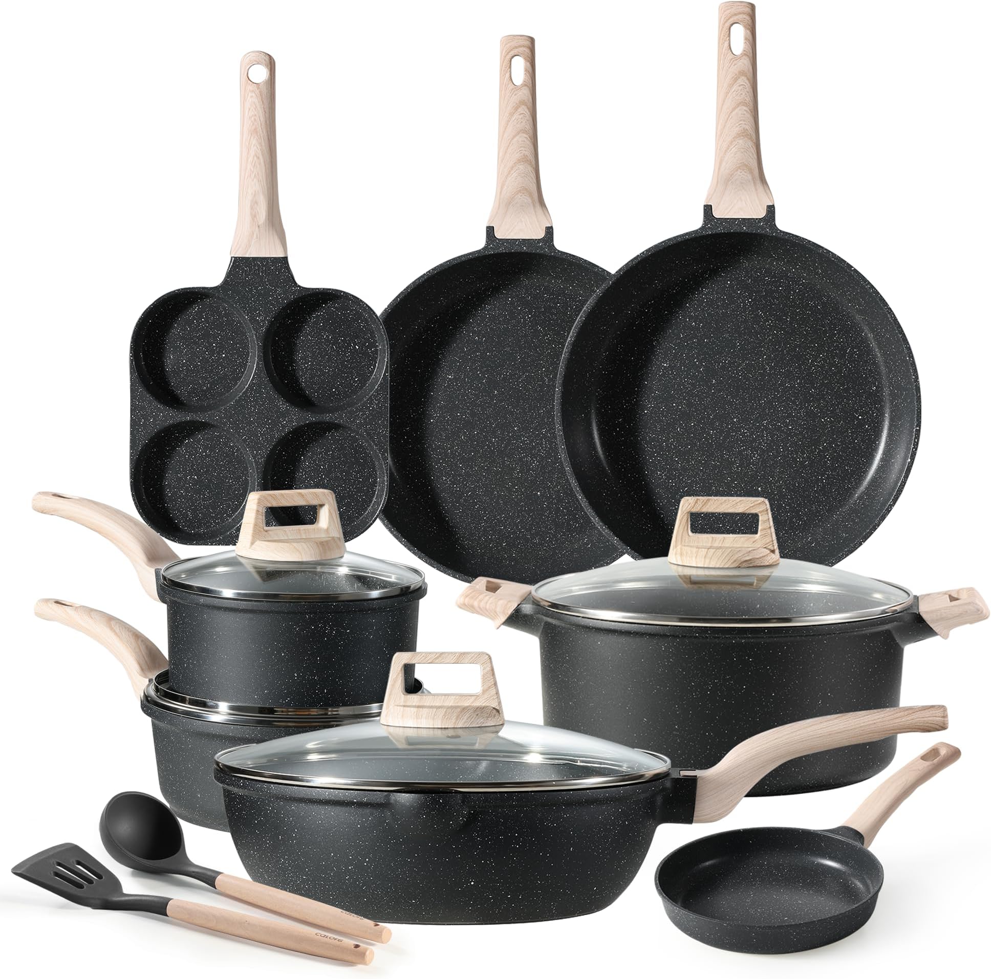 CAROTE Pots and Pans Set, Nonstick Cookware Sets, Classic Black Induction 14Pcs Cookware Non Stick Cooking Set w/Frying Pans & Saucepans