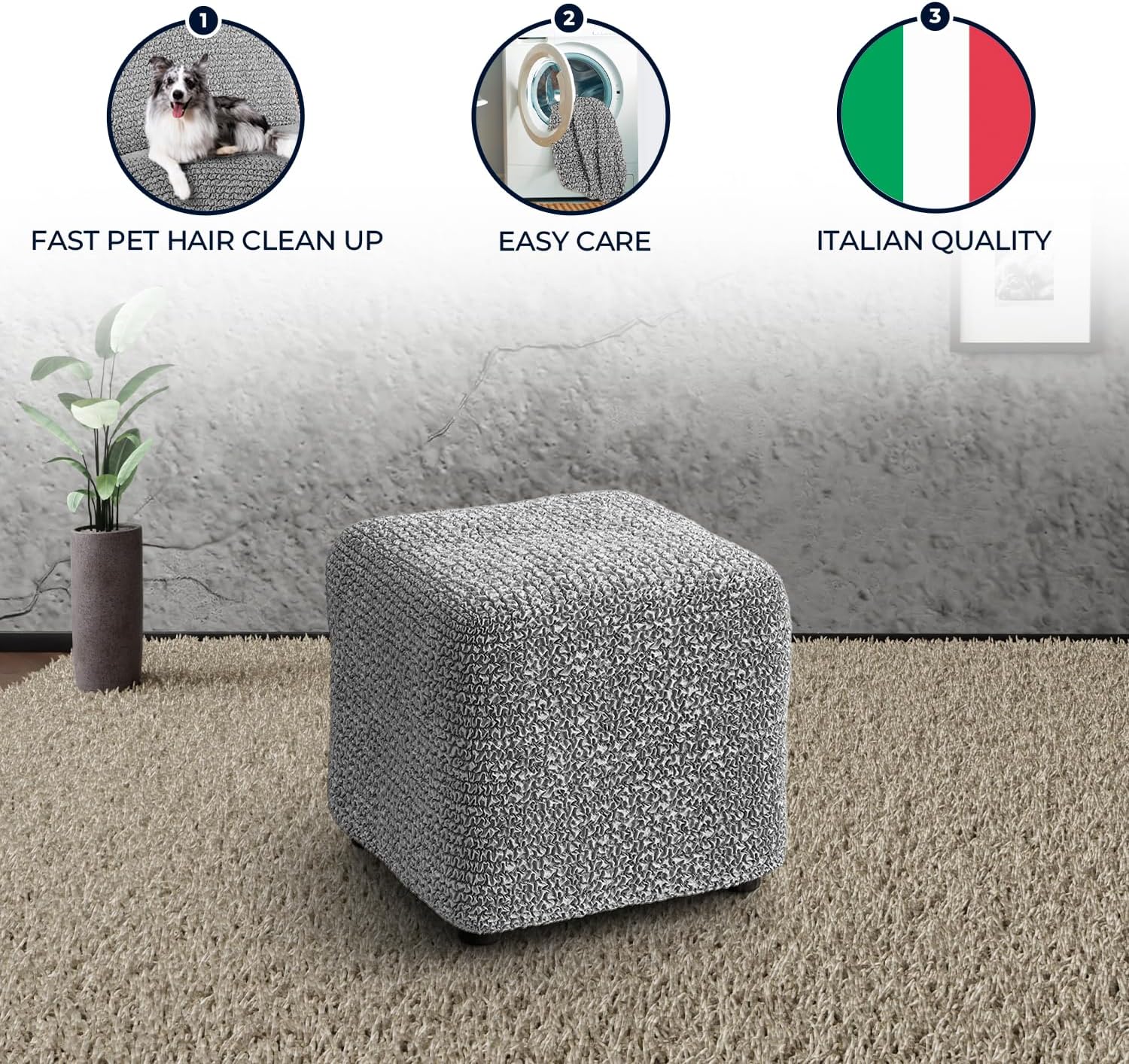 PAULATO BY GA.I.CO. Stretch Ottoman Slipcover 1-Piece – Bi-Elastic Foot Stool Cover for Square or Rectangle Pouf – Furniture Protector Machine Washable – Ash (3. Small)