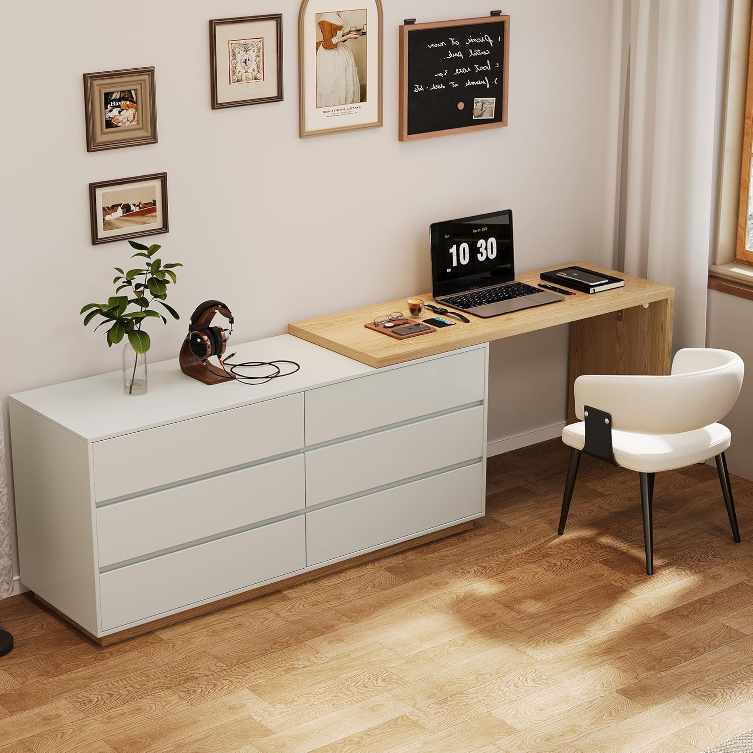 L-Shaped Desk with 6 Drawers, Extendable from 56" to 98.5", Corner Desk Writing Desk Study Desk, Vanity Desk, Ideal for Gaming, Home Office or Makeup, Light Gray with Natural Wood Finish