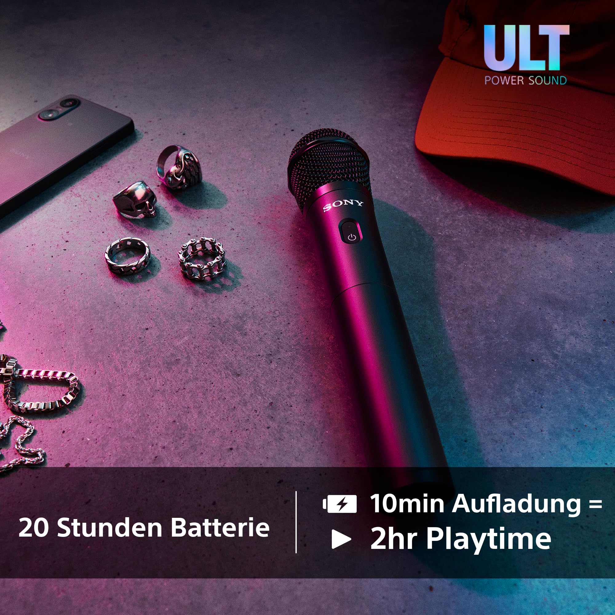Sony ULTMIC1 - Kabelloses Mikrofonset mit 2 Mikrofonen und Empfänger, erweiterte Rauschunterdrückung, Duettunterstützung, 20-Stunden-Akku, stoßfest, perfekt für die ULT Power Sound Serie - Schwarz