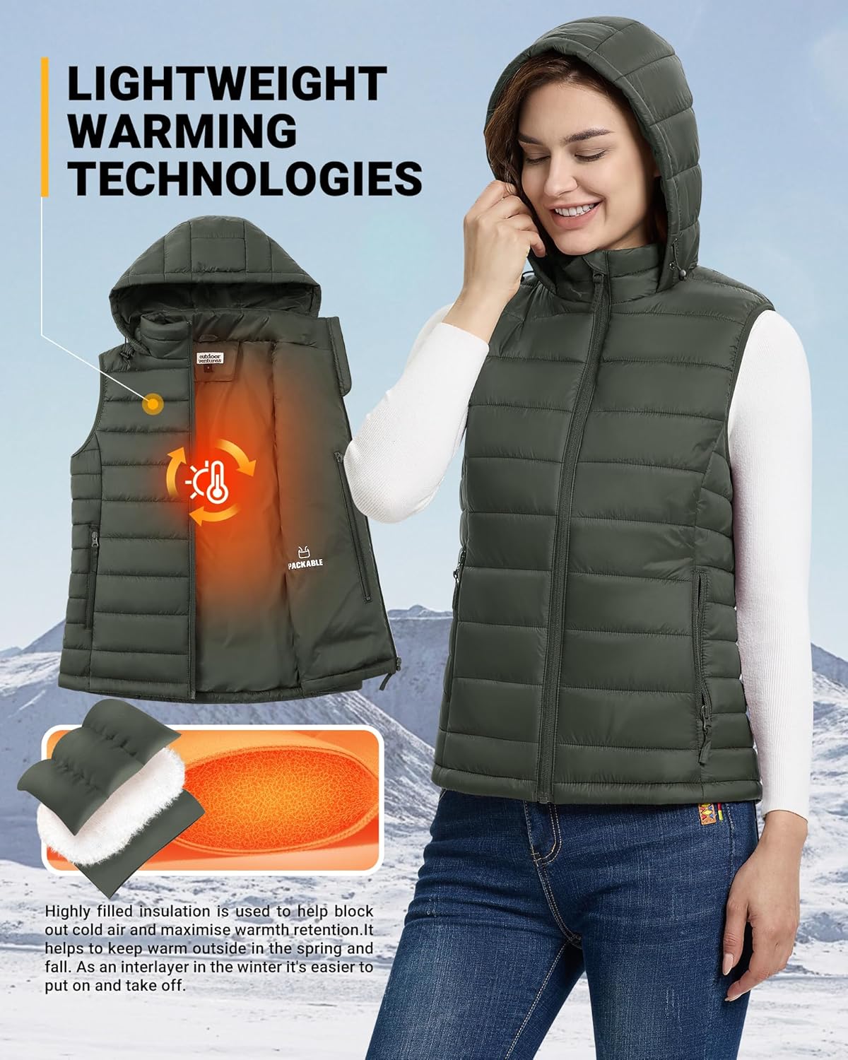 Outdoor Ventures Women's Lightweight Packable Hooded Puffer Vest Outerwear Zip Up Warm Sleeveless Winter Jacket Quilted Coat