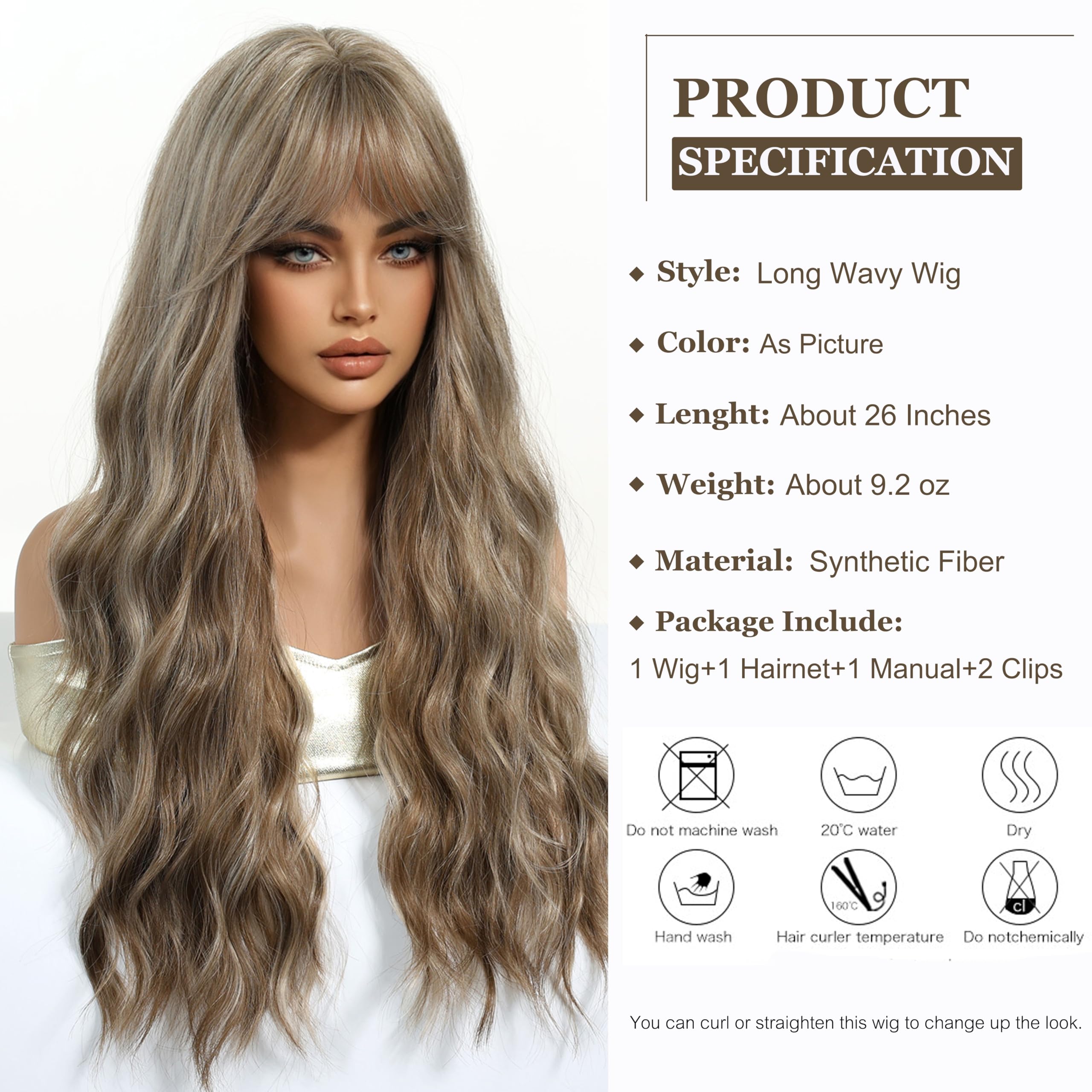 Esmee Long Wavy Ash Blonde Wigs for Women with Fringe Natural Synthetic Hair Wig for Daily & Party Use, 22.5 Pulgadas - Image 2