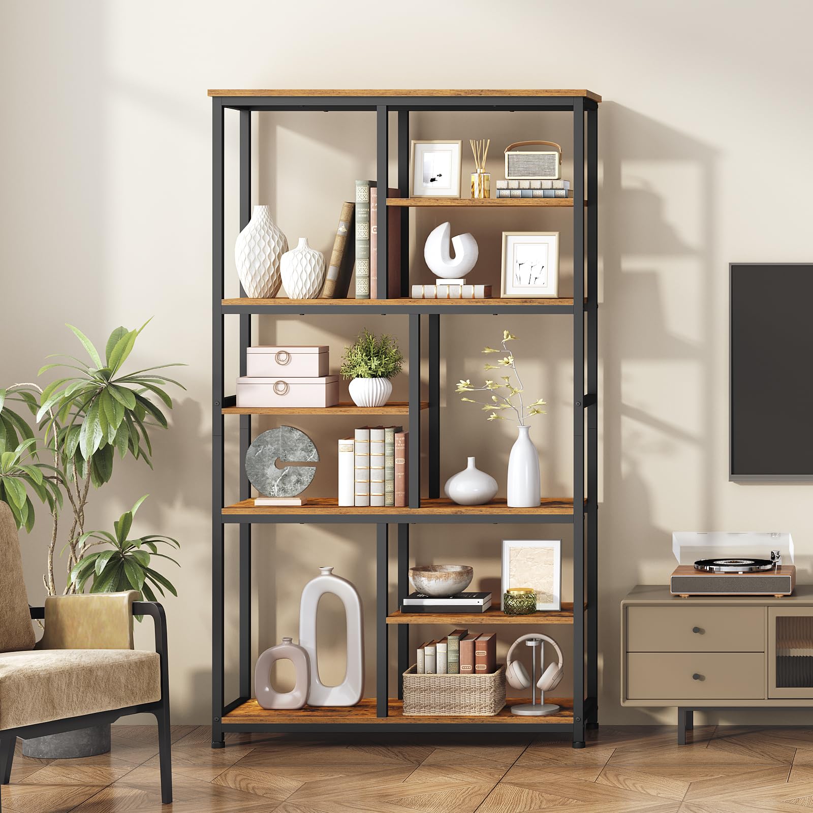 HOOBRO Librería de 7 Niveles, Estantería Abierta con 4 Patas Ajustables, Librería de Aglomerado y Estructura Metálica, para Salón y Despacho, 100 x 28 x 180 cm, Marrón Vintage y Negro EBF06SJ01