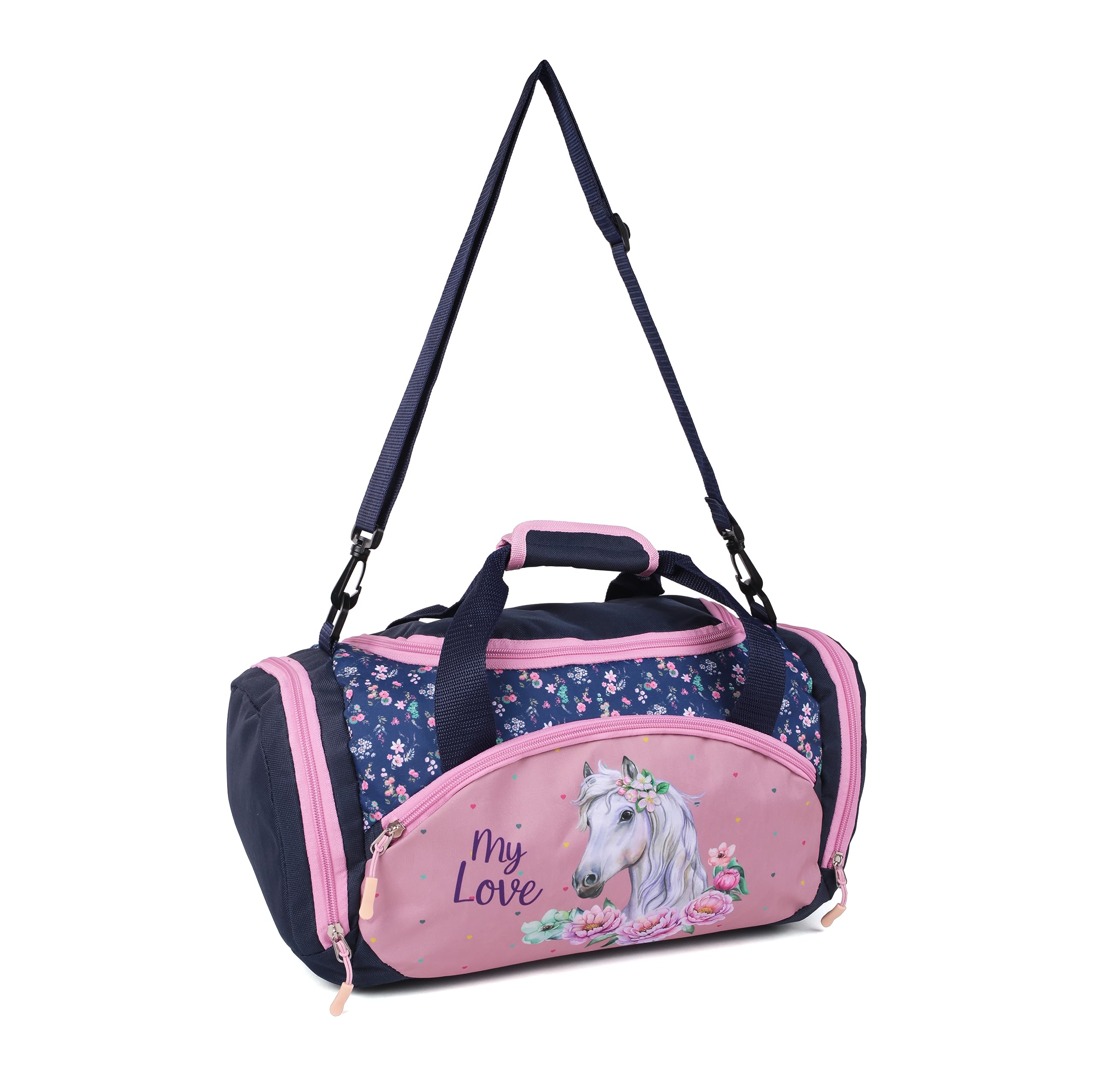 Pferde Pony Umhängetasche Sporttasche für Mädchen Kinder Reisetasche - 35 x 22 x 18,5 cm, blau/rosa, Volumen ca.14,2 Liter