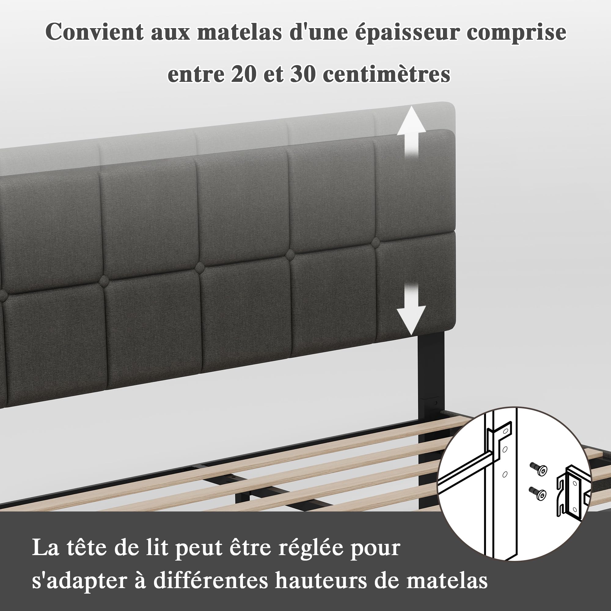 Z-hom Sommier 160x200 cm avec Lattes en Bois, Cadre & Tête de Lit 2 Personnes Tapissier, Montage Facile, Hauteur : 32 cm - Gris Foncé