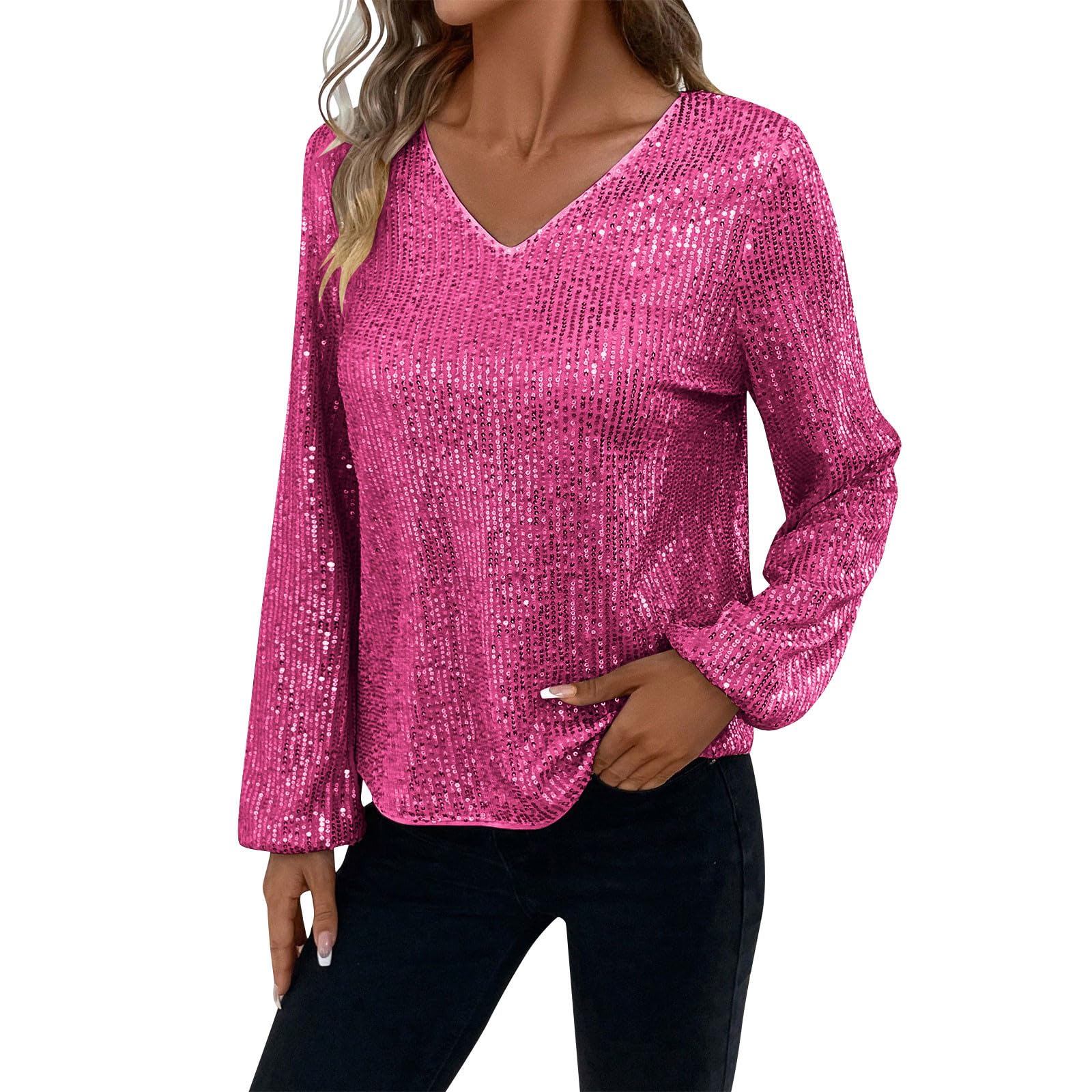 KHIRVWL Top Donna a Paillettes con Maniche a Palloncino Scollo a V Tops Pizzo Maglietta con Glitter Sexy Taglie Forti Camicetta Brillantini Maglia da Sera Curvy Camicia Oro per Feste e Serate