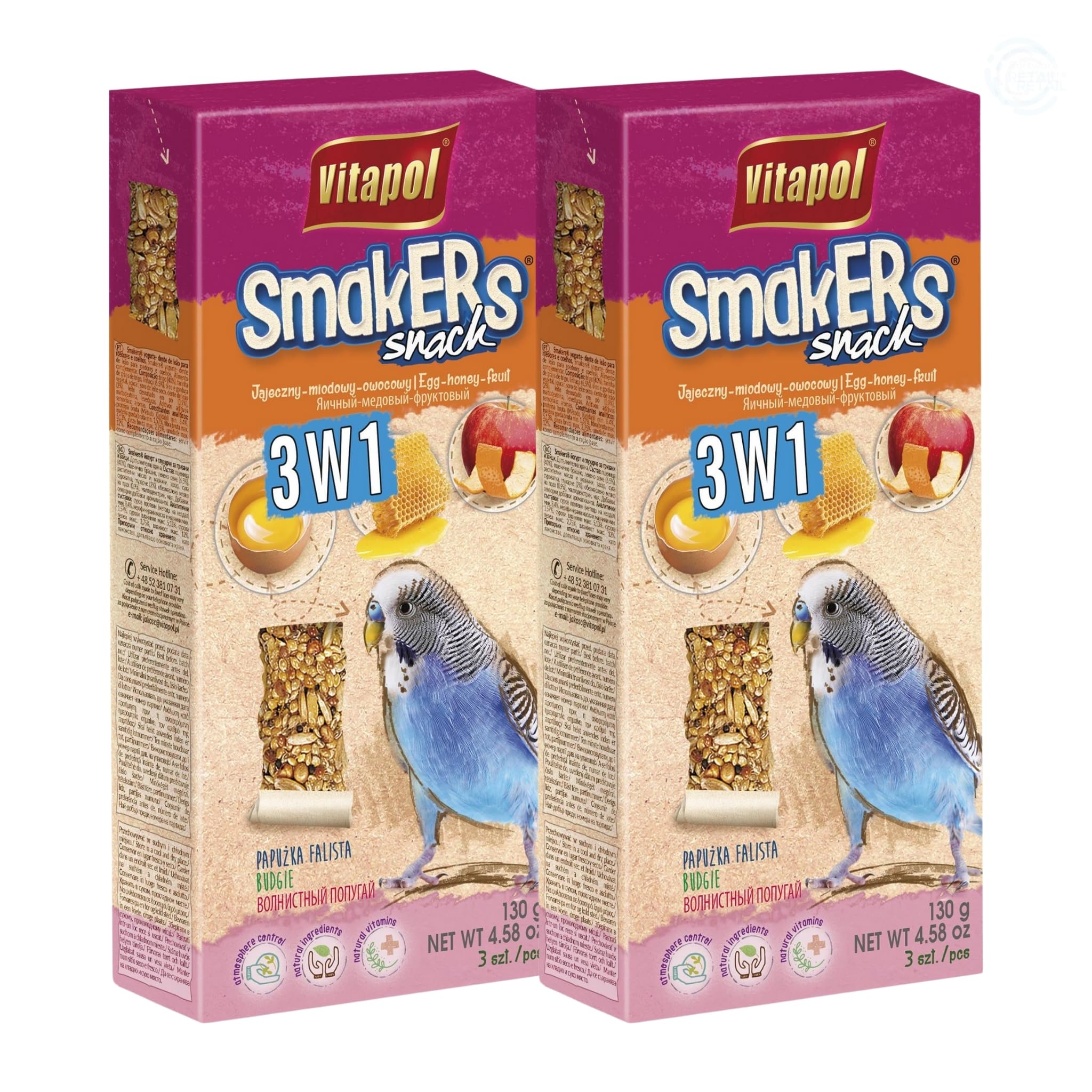 Vitapol Smakers® Parrot Treat Sticks – Variety of Snacks for Budgies, Cockatiels & Large Parrots | Natural Fruit, Egg, Honey, Seed | Vitamin-Rich Snacks, Health & Plumage Support (3 in 1, 130g)