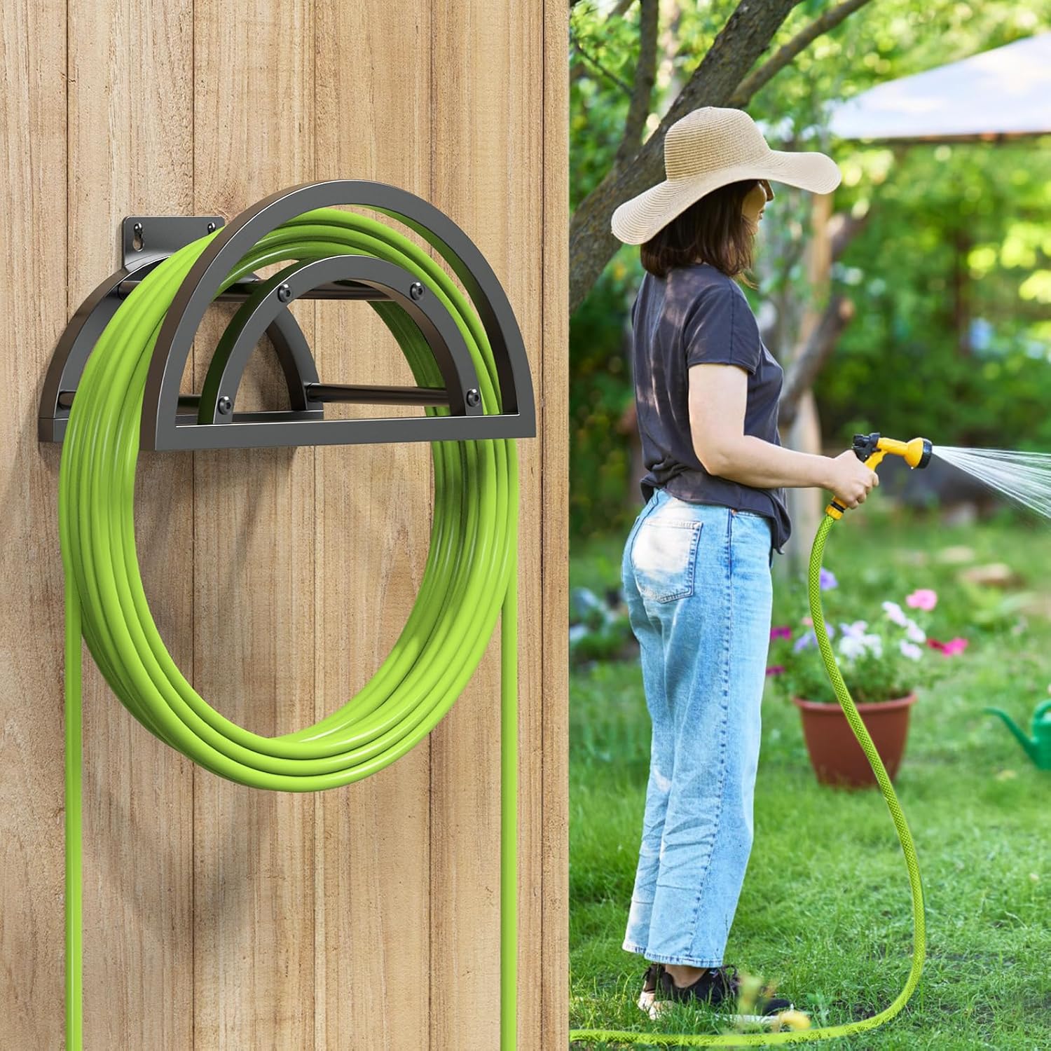 2 Pack Garden Hose Holder, Outdoor Hose Holder Wall Mounted Holds 125-ft Hose, Heavy Duty Metal Hose Hanger, Sturdy Detachable Hose Reel Storage Organizer, Hose Rack for Outside Garden Lawn Yard Farm