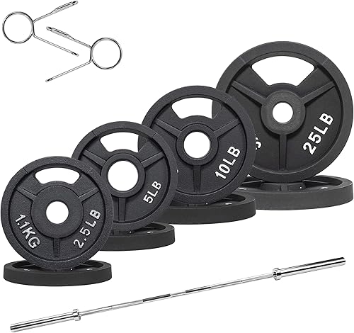 Fitvids Olympic Cast Iron 2-Inch Weight Plates Including 6FT Olympic Barbell Bar & Safely Locks, Barbell Set (85 Lbs Plates + 6 FT Barbell Bar),