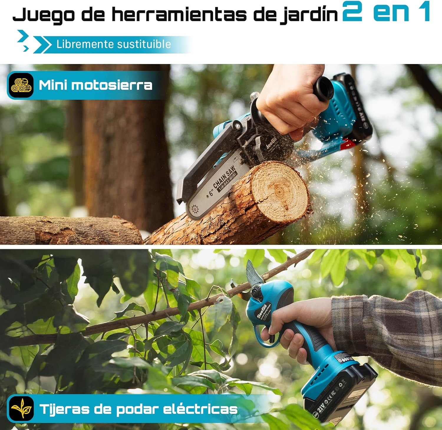 SEESII Mini motosierra a batería de 6 pulgadas y tijeras de podar eléctricas de 33 mm, kit de herramientas de jardín 2 en 1 con baterías de 22000 mAh, motor sin escobillas, ideal para cortar troncos y ramas