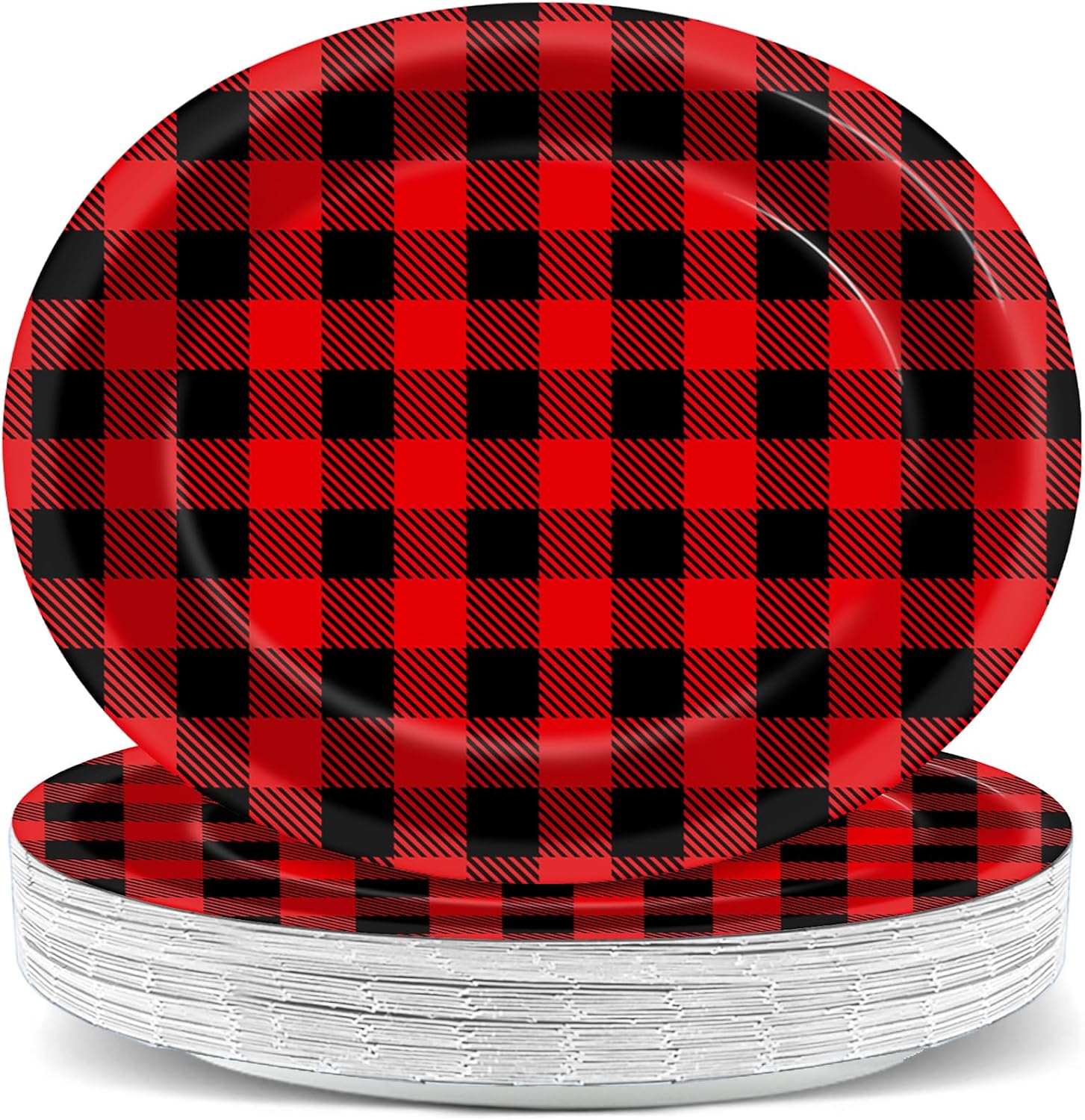 QOUBAI 50pcs Christmas Plaid Oval Plates 11 Inch Merry Christmas Plaid Paper Tableware Set Red and Black Plaid Disposable Dinnerware for Xmas Party Home Winter Holiday Decoration Supplies