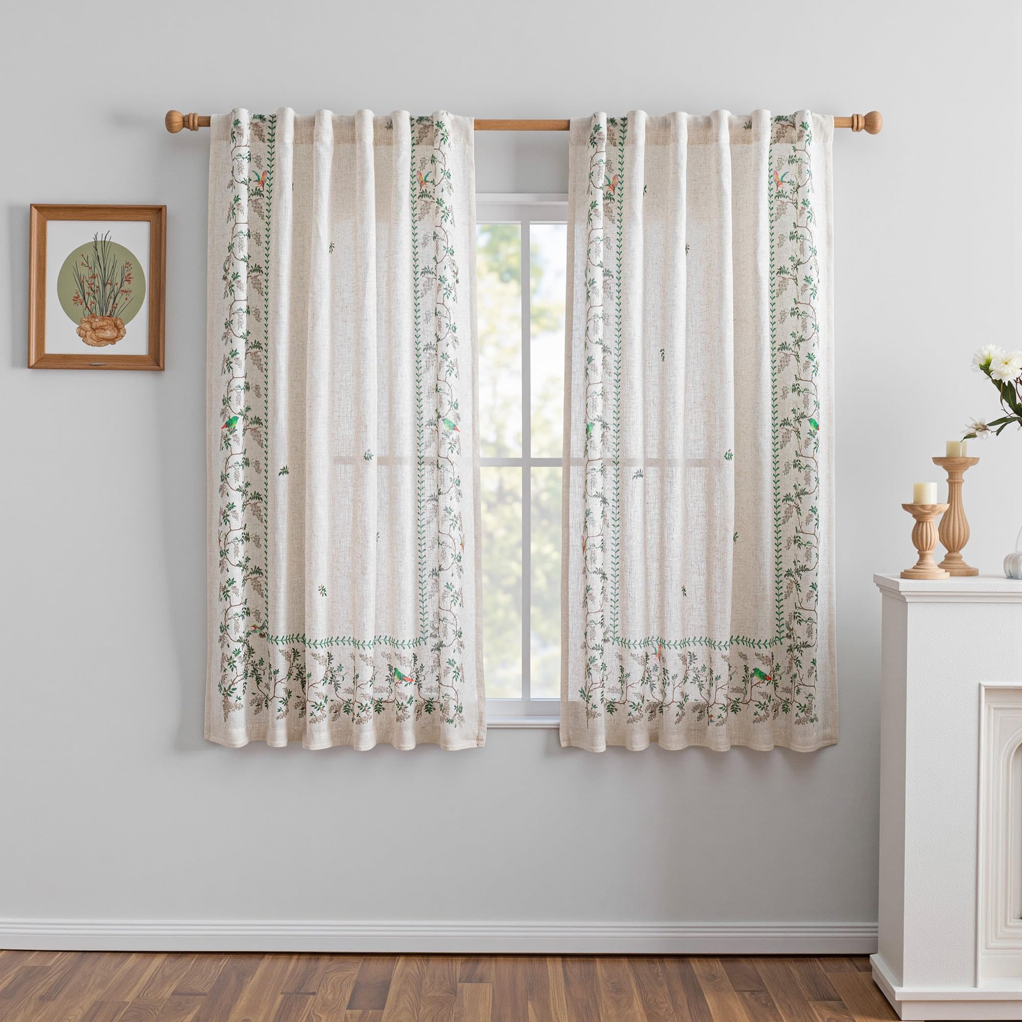 MYSKY HOME Boho Curtains for Living Room Linen Blend Leaf Bird Printed Curtains &amp; Drapes 72 inches Length Farmhouse Room Decor Style Light Filtering Back Tab for Dining Room, Green, 50" x 72", Pack-2