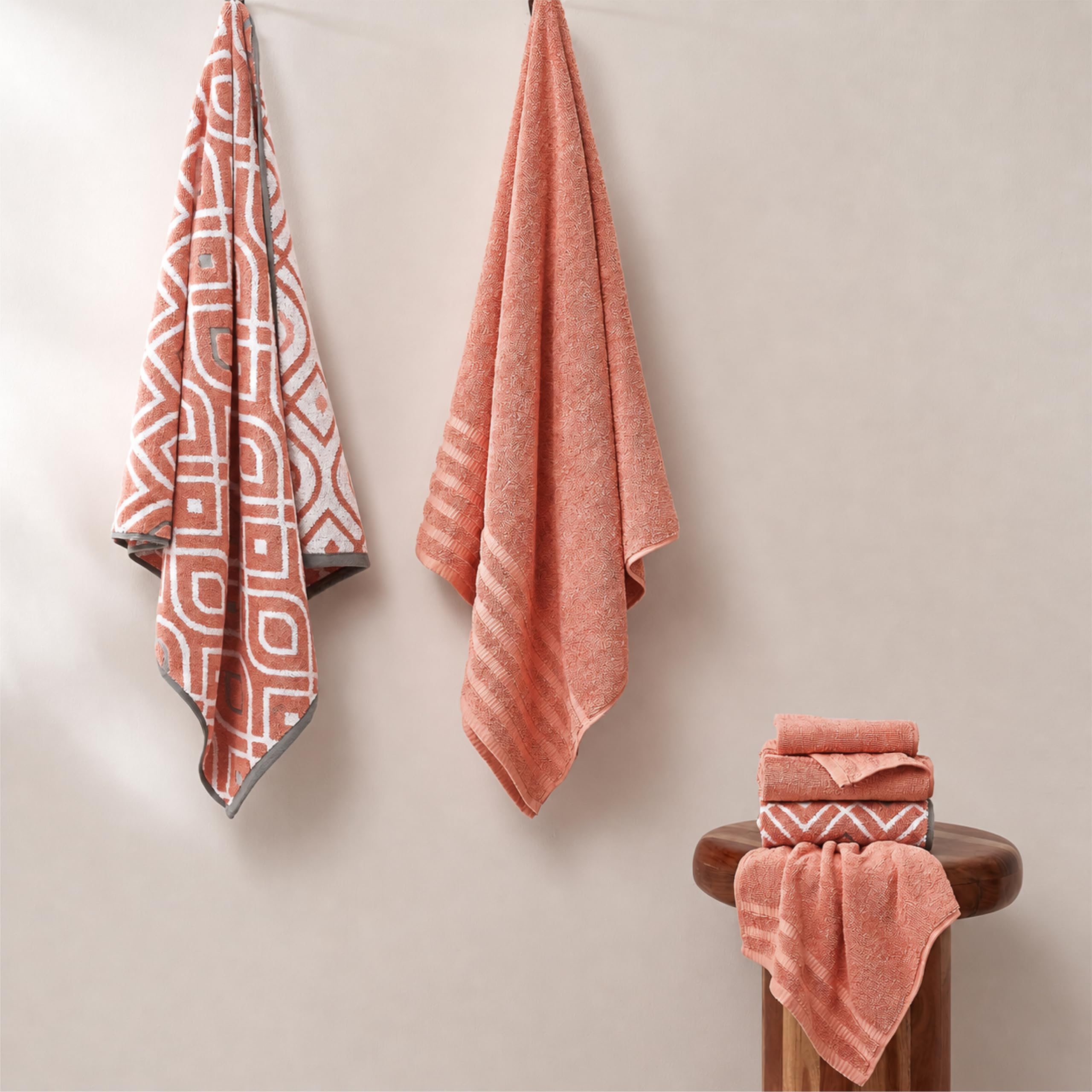 Modern Threads 6-Piece Yarn Dyed Oxford Stripe Jacquard/Solid Ultra Soft 550GSM 100% Combed Cotton Towel Set 6 Toallas teñidas de Hilo Coral, Algodón, Sencillo, 40.6 x 25.4 x 12.7 cm, 6