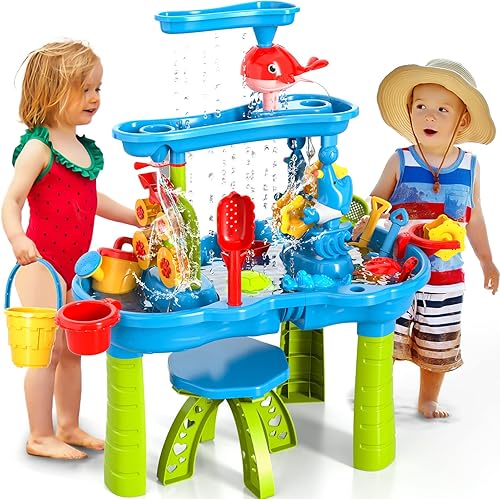 Doloowee Juguete de mesa de arena y agua para niños, mesa de agua de 3 niveles, mesa de agua para niños, mesa de juego de agua para niños, mesa de
