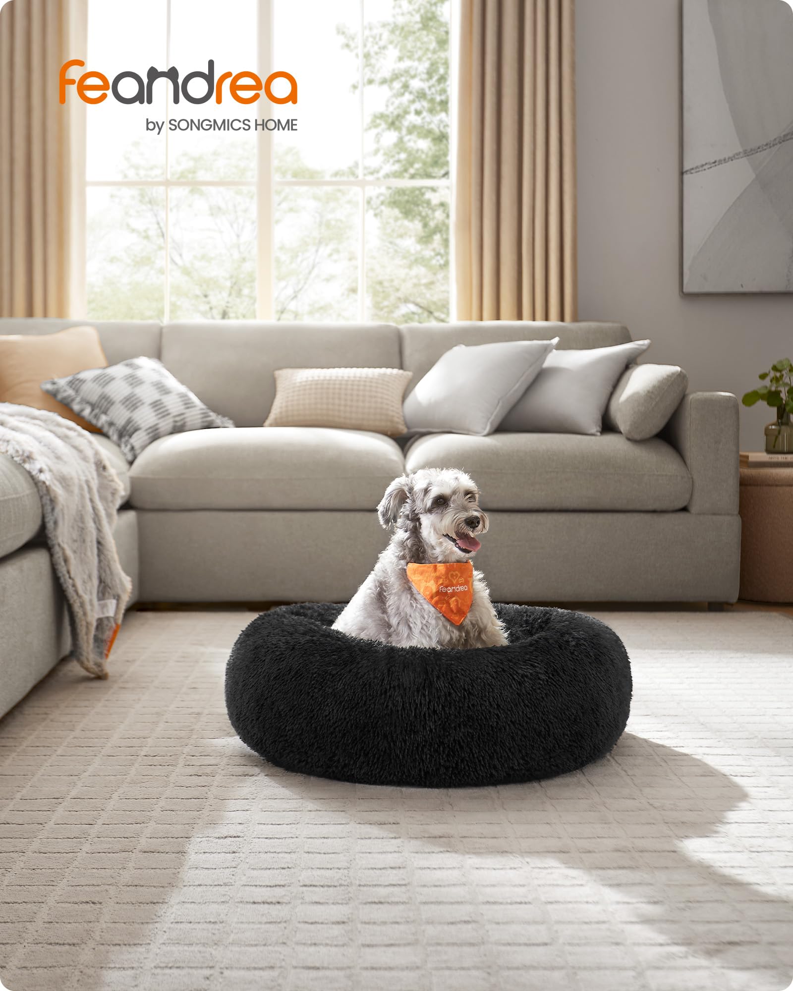 Feandrea Cuccia Cane Interno, Cuccia per Cani, Lettino per Animali Domestici a Ciambella, Cuscino Sfoderabile e Lavabile, Tappeto di Peluche, Diametro 70 cm, Nero Inchiostro PGW039B01