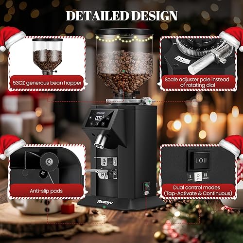 Miniatura 5 de Huanyu Molinillo de café profesional con rebaba plana de 2.913 in, tolva de frijoles de 53 onzas, 15 ajustes de molienda infinitos, molinillo de