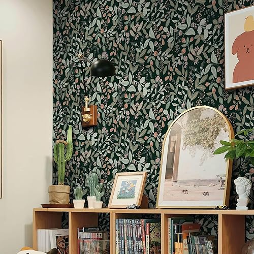 Vista 22 de Ismoon Papel tapiz verde para despegar y pegar, diseño bohemio floral y hojas en papel adhesivo grueso, papel adhesivo botánico oscuro, extraíble