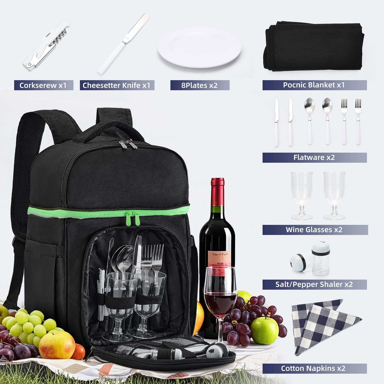 Vogano 2-in-1-Kühlrucksack, isoliert, wasserdicht, leicht, mit Picknick-Besteck-Set, Decke, schwarzer Lunch-Rucksack