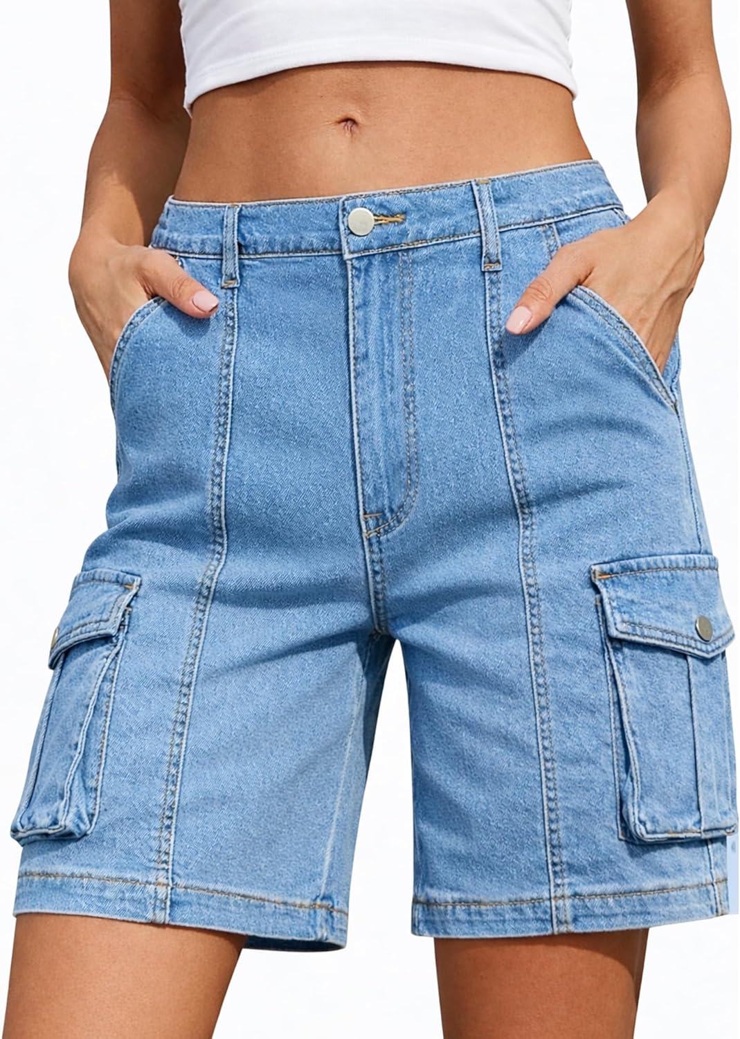 ELLEVEN Bermuda Cargo Shorts Women, Elastic High Waist 6 Pockets Shorts 7 Inch Inseam Summer Jorts for Women Casual