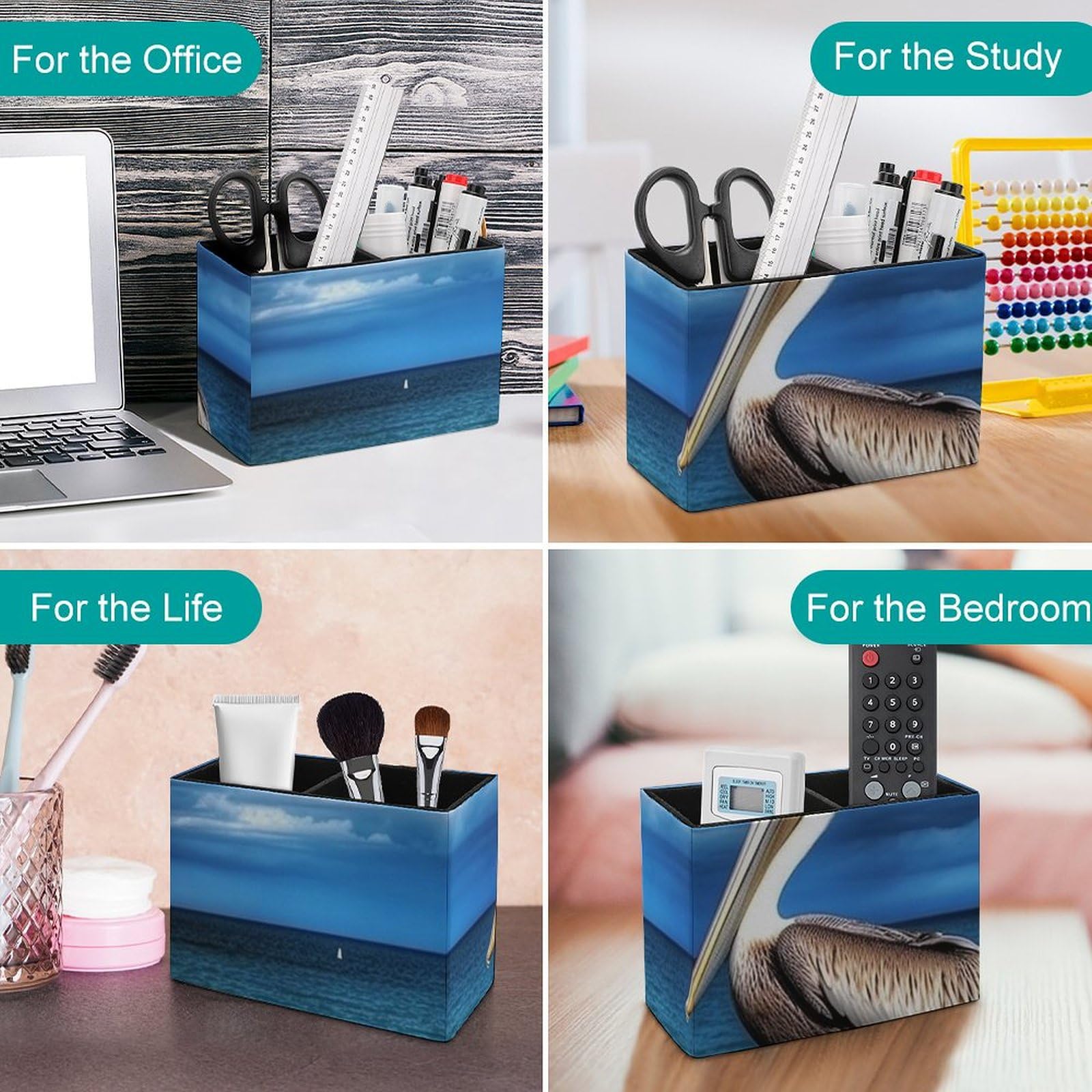 Famame Birds & Butterfly Tree Leather Pencil Holder - 2 Compartment Desk Organizer For Pens & Makeup Brushes