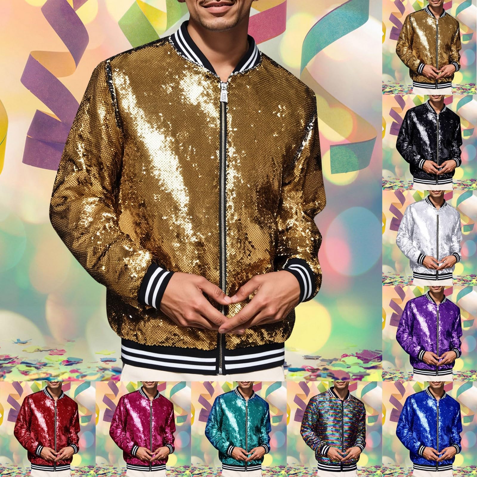 Veste à Paillettes pour Homme Disco Veste zippée à Paillettes pour Homme - Bomber léger et Brillant - Costume métallique pour fête d'halloween des années 70 et 80